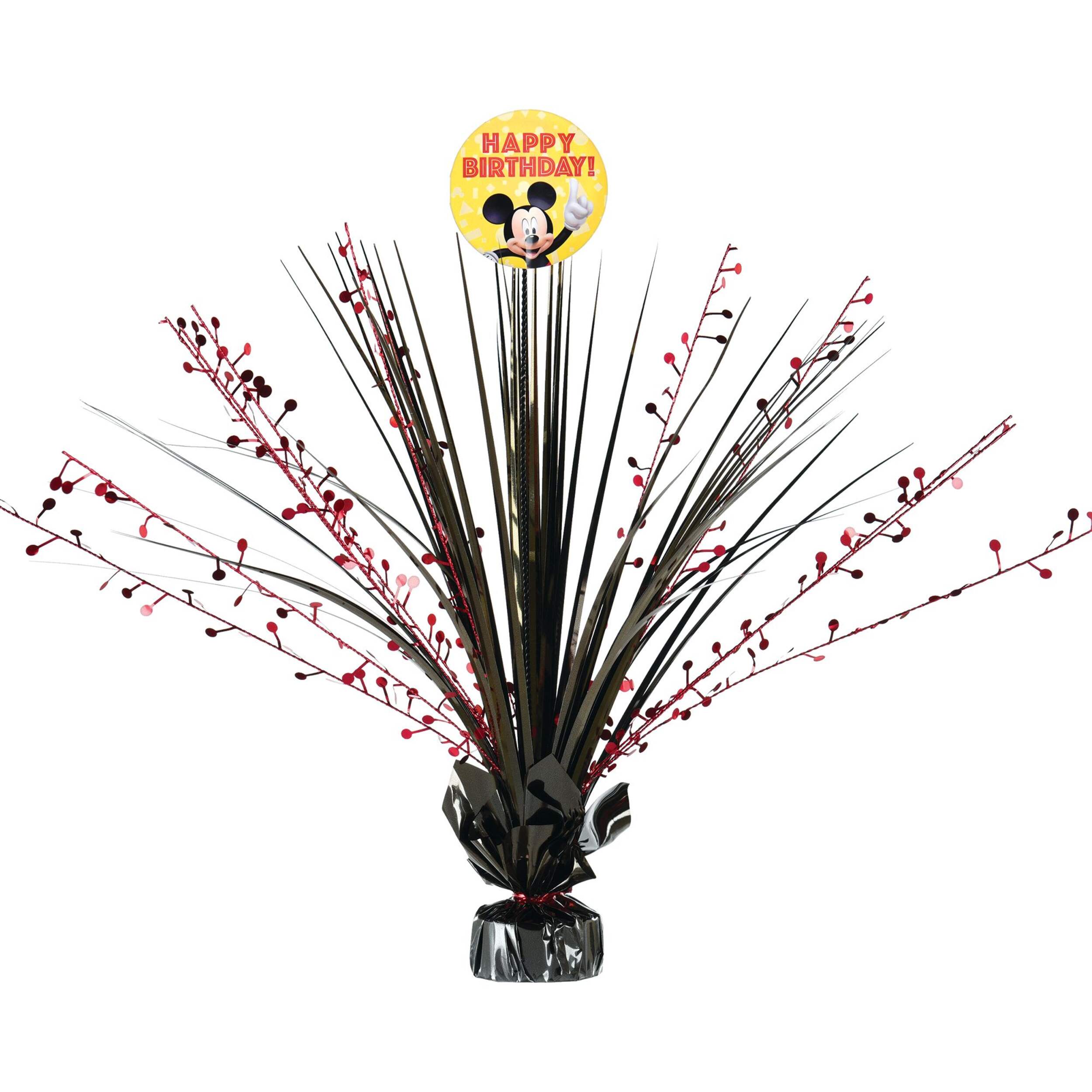 Disney Mickey Mouse 'Happy Birthday' Metallic Spray Burst Centrepiece Table Decoration, Black, 9.5-in, for Birthday Party Front_Flat