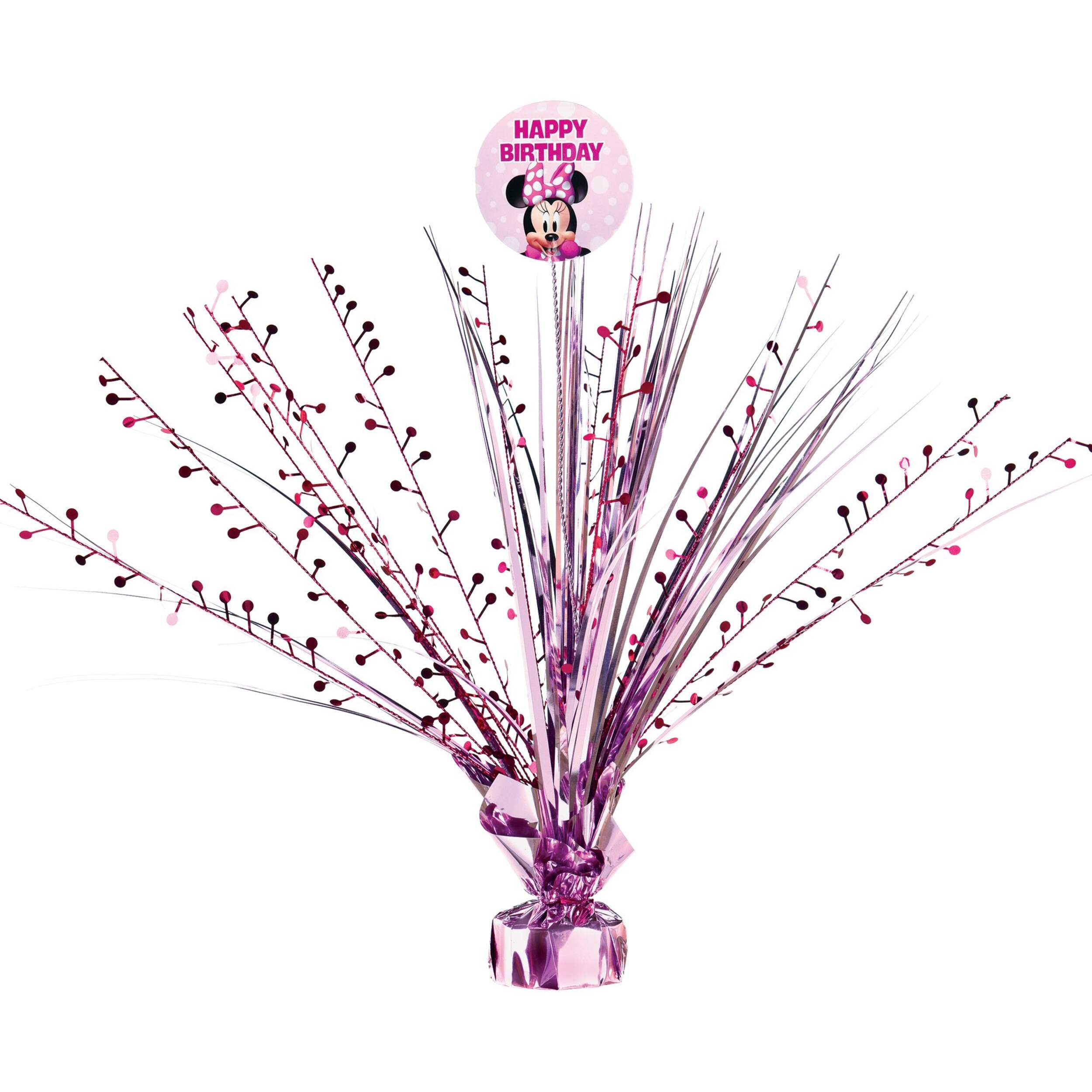 Disney Minnie Mouse 'Happy Birthday' Metallic Spray Burst Centrepiece Table Decoration, Pink, 9.5-in, for Birthday Party Front_Flat