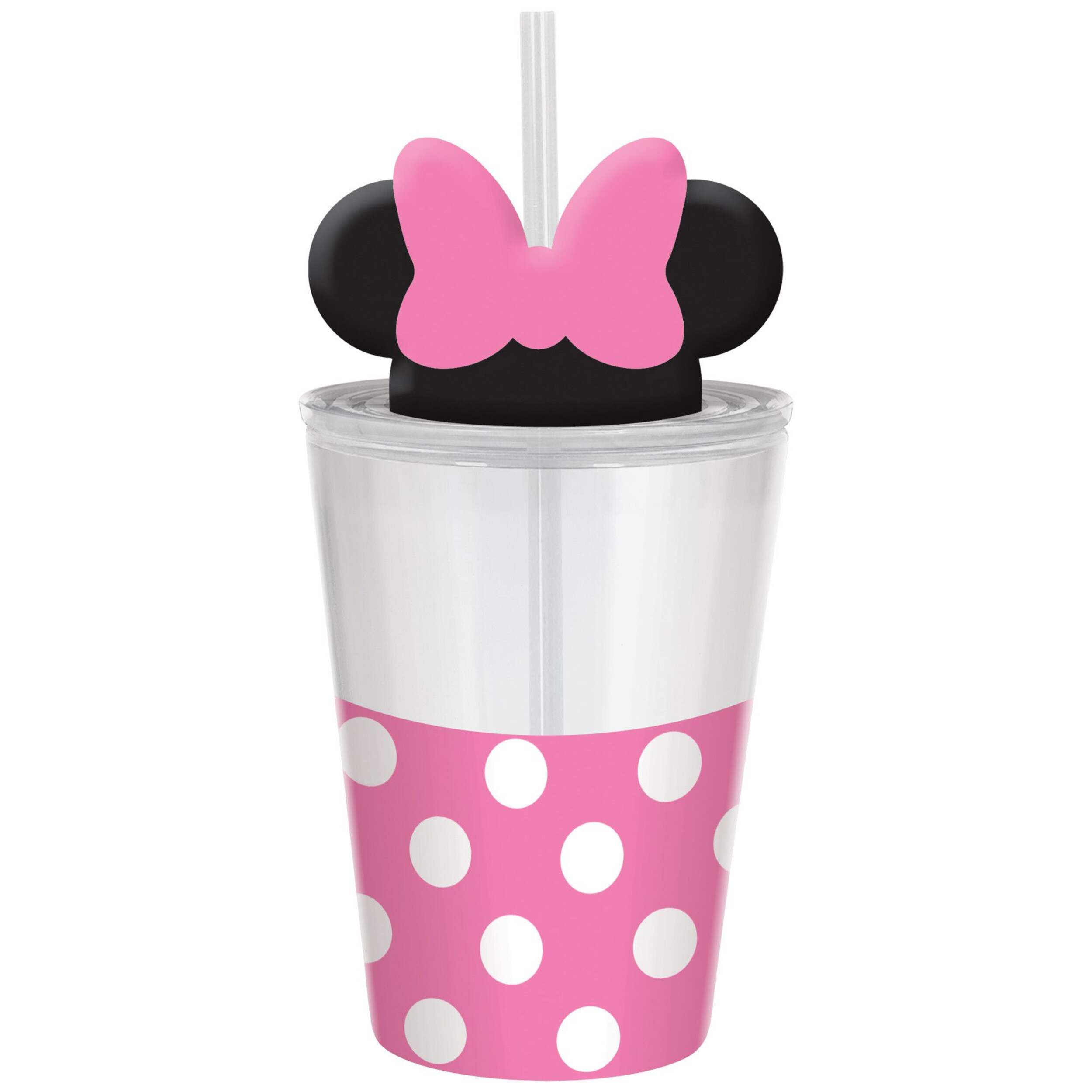 Disney Minnie Mouse Plastic Reusable Mason Cup with Straw, Pink/Black, 18-oz, for Minnie Mouse Birthday Party Front_Elevated