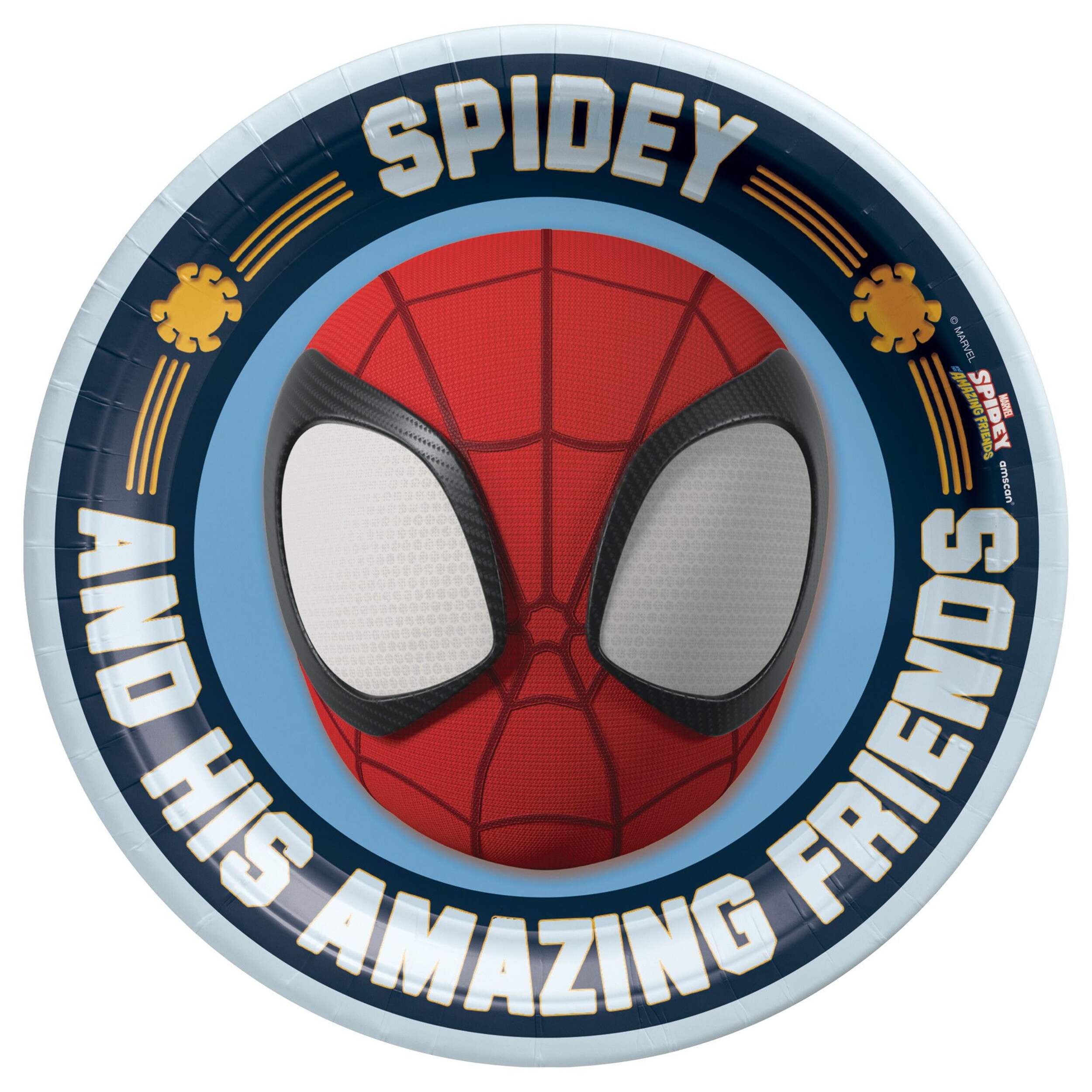 Disney Marvel Spidey Round Paper Disposable Dessert Plates, Blue/Red, 7-in, 8-pk, for Birthday Party Overhead_Flat