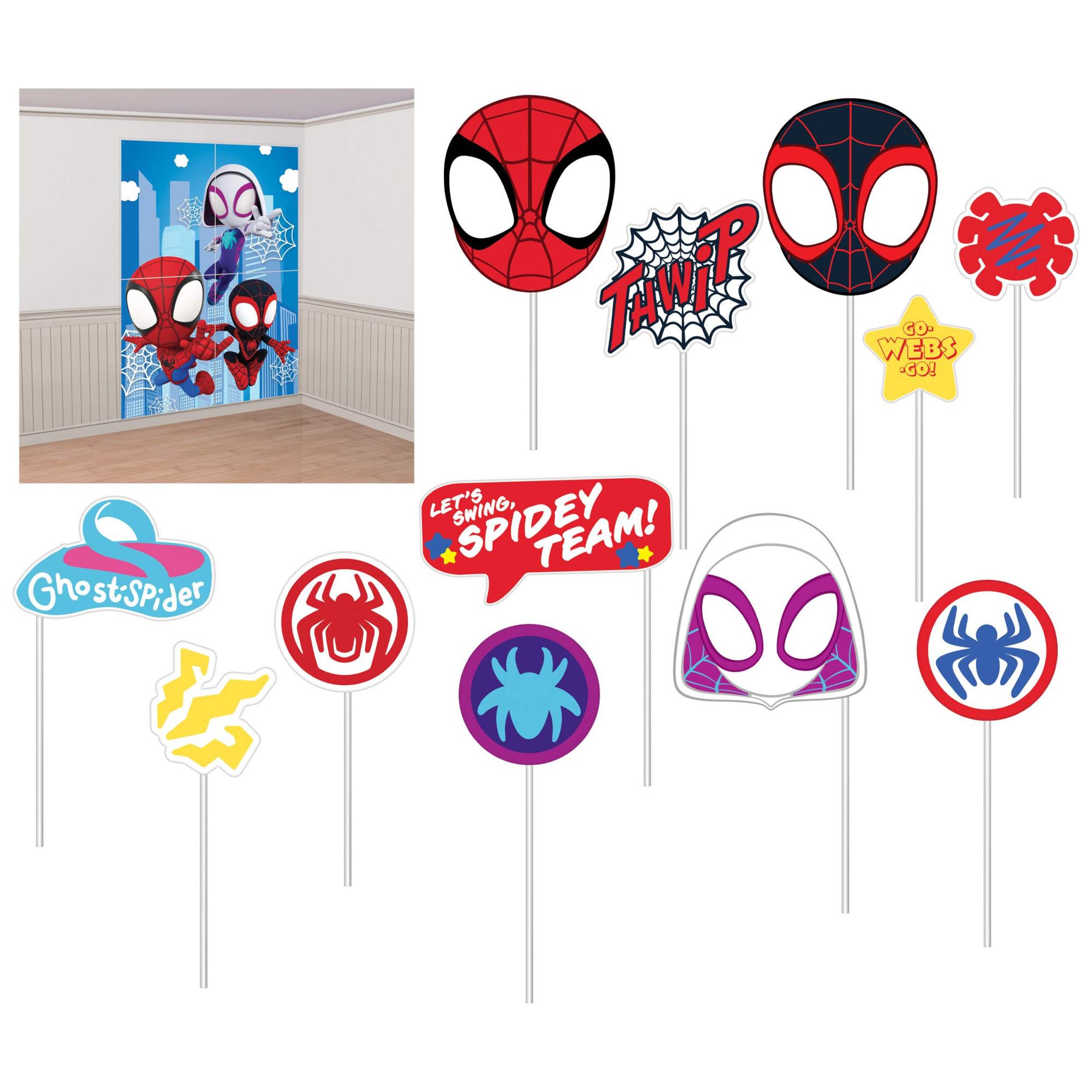 Disney Marvel Spidey & His Amazing Friends Spider-Man Birthday Party Decorations with Photo Booth Props, Blue/Red, 14.5-in, 16-pk, for Birthday Front_Flat