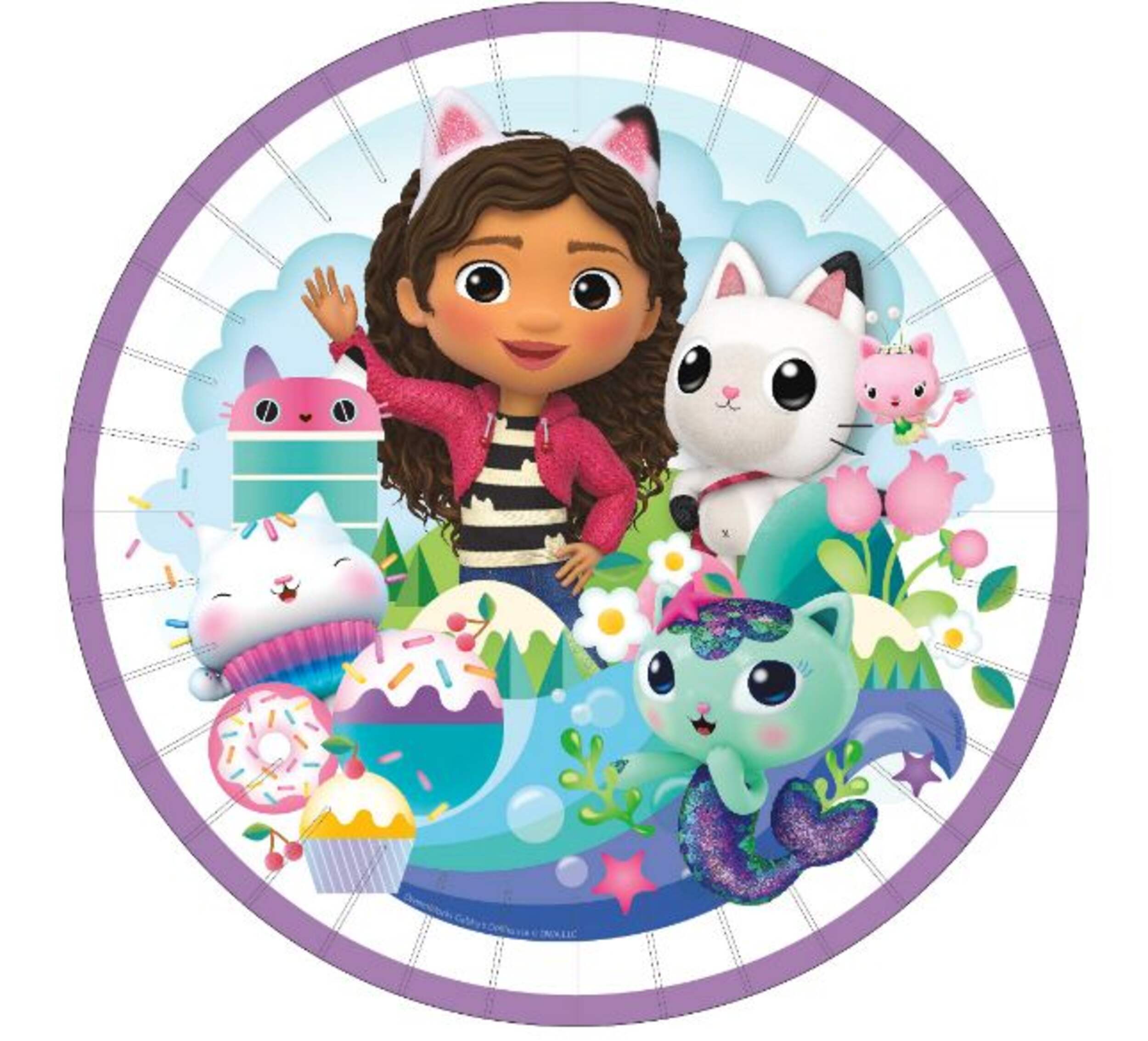 Gabby's Dollhouse Round Paper Disposable Lunch Plates, Purple/Pink, 9-in, 8-pk, for Gabby's Dollhouse Themed Party Supplies Overhead_Flat