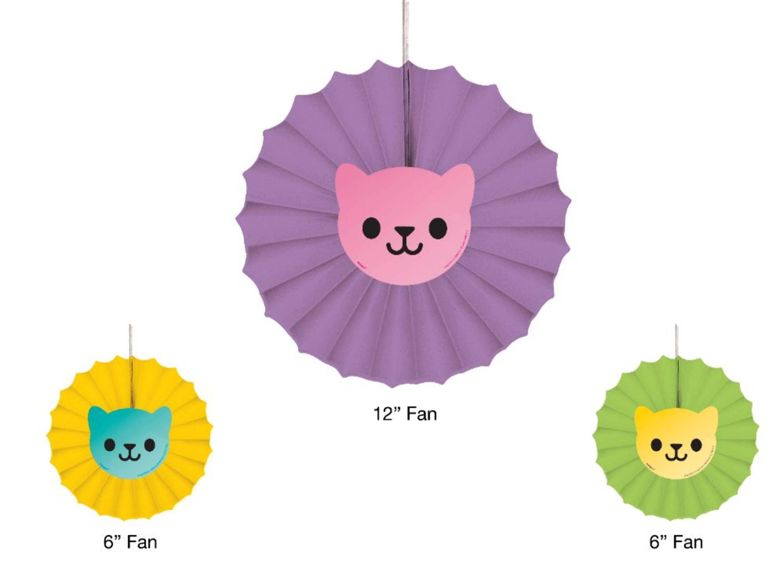 Gabby's Dollhouse Fan Hanging Sign Decorations, Purple/Green/Yellow, 12-in, 3-pk, for Gabby's Dollhouse Birthday Party Front_Flat