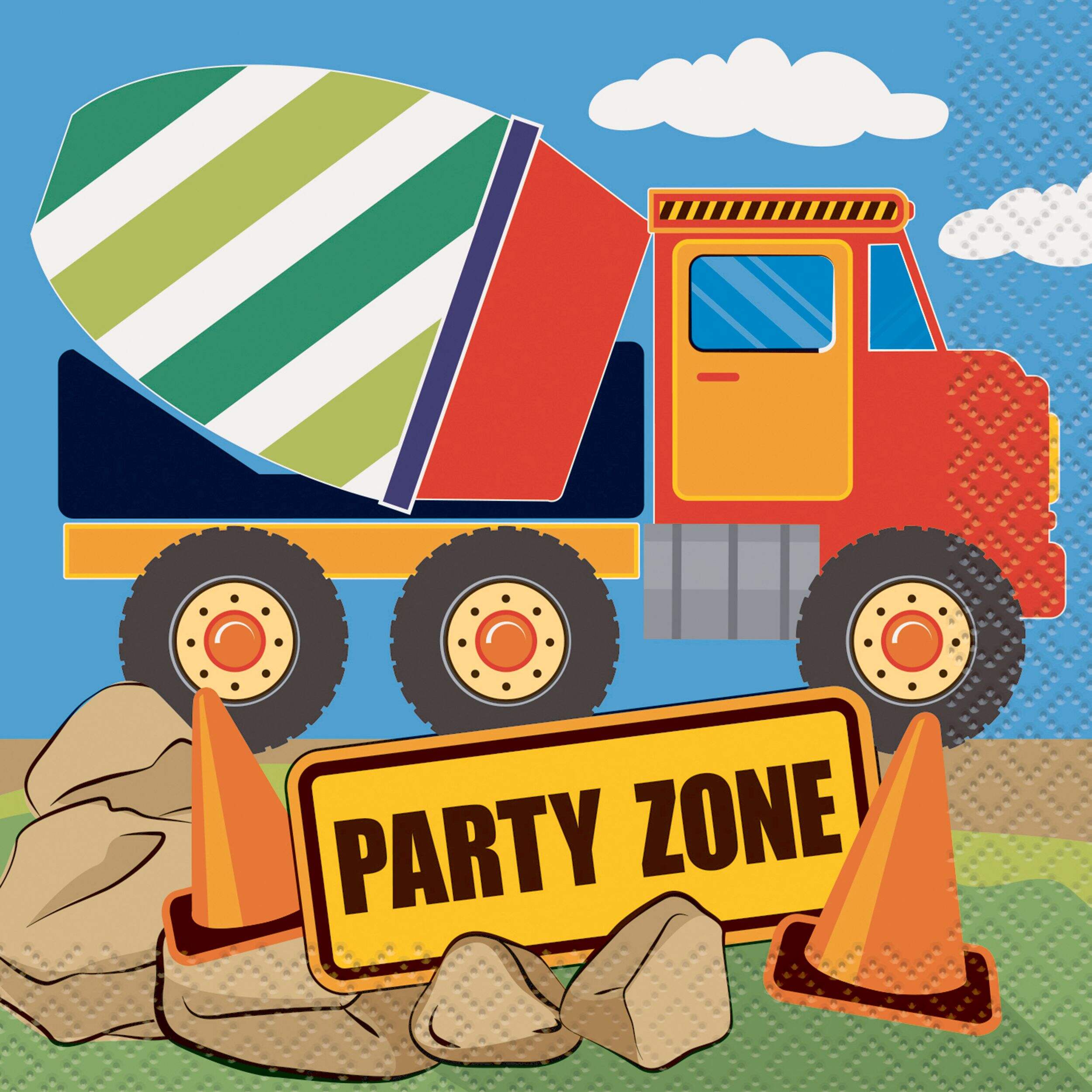 Construction Square Paper Disposable Beverage Napkins, Multi-Coloured, 5-in, 16-pk, 2-ply, for Birthday Party, Construction Party Napkins Overhead_Flat