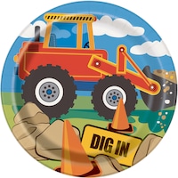 Construction Round Paper Disposable Dessert Plates, Multi-Coloured, 7-in, 8-pk, for Construction Birthday Party Overhead_Flat