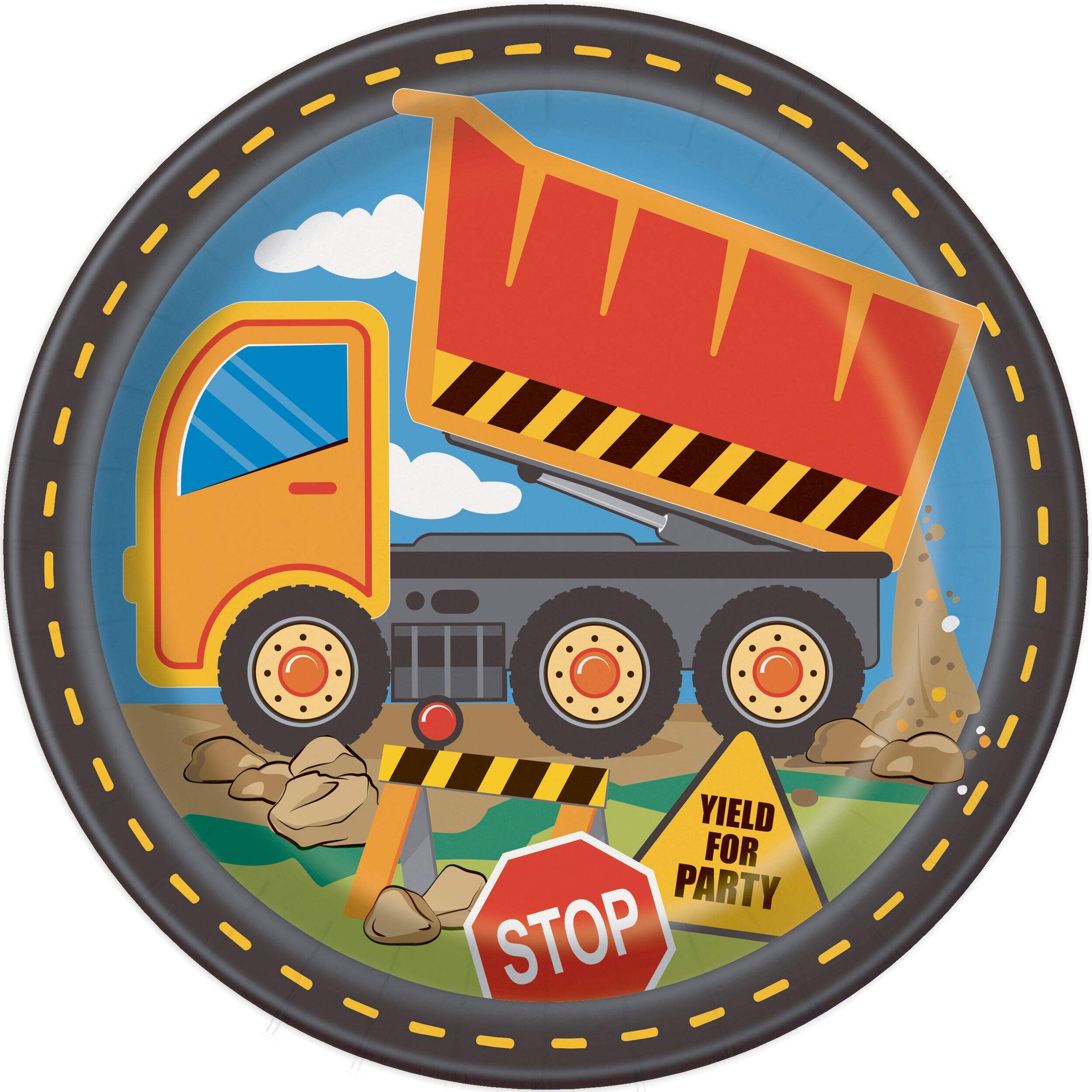 Assiettes à repas rondes d’anniversaire construction Unique, 9 po, paq. 8 Overhead_Flat