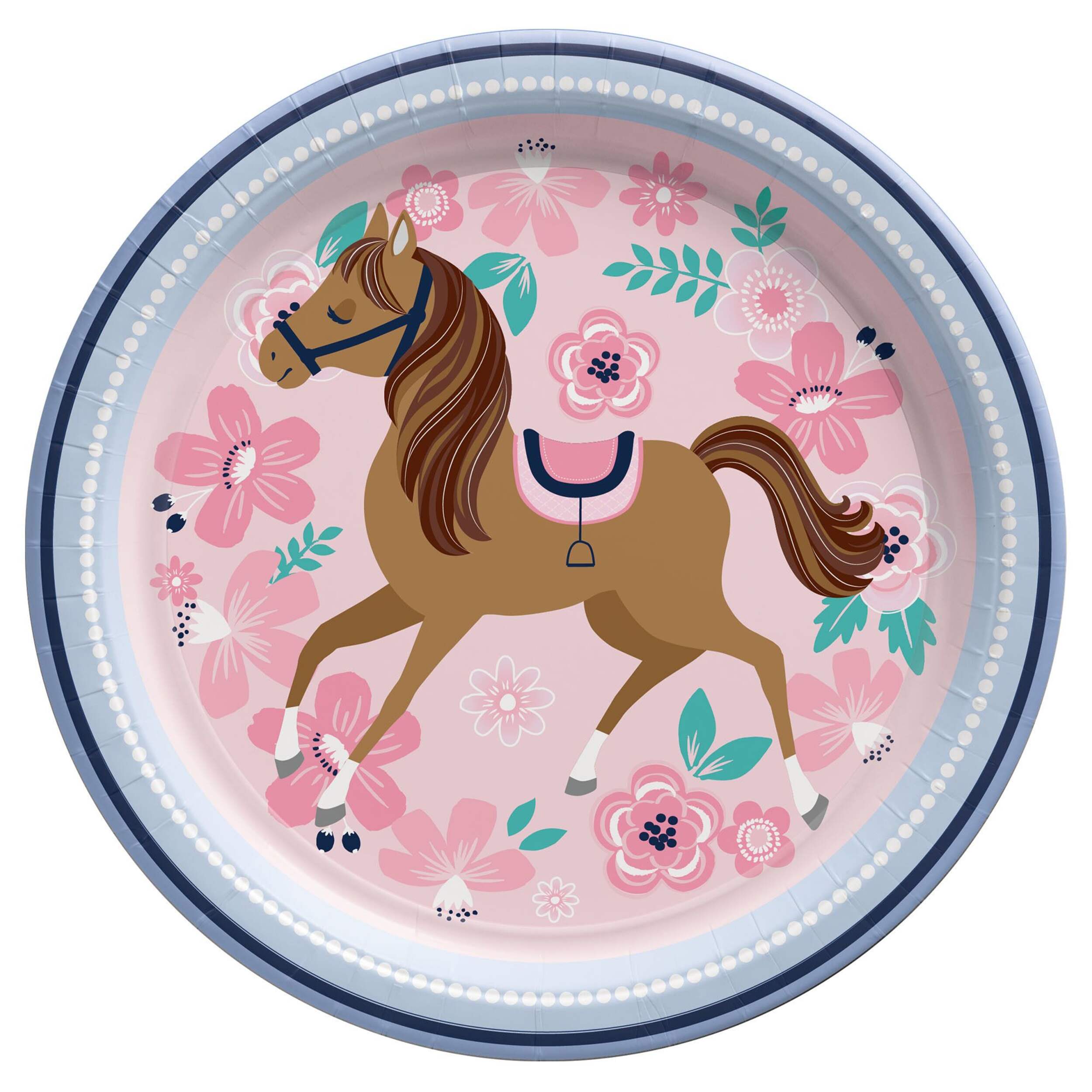 Saddle Up Horse Round Paper Disposable Dessert Plates, Pink/Blue, 7-in, 8-pk, for Birthday Party Overhead_Flat