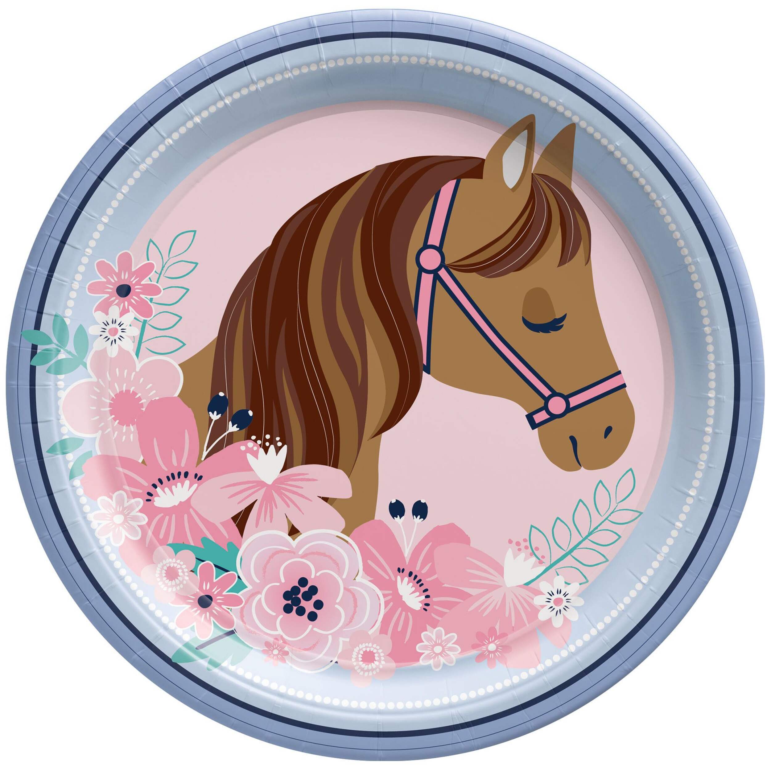 Saddle Up Horse Round Paper Disposable Lunch Plates, Pink/Blue, 9-in, 8-pk, for Birthday Party Overhead_Flat
