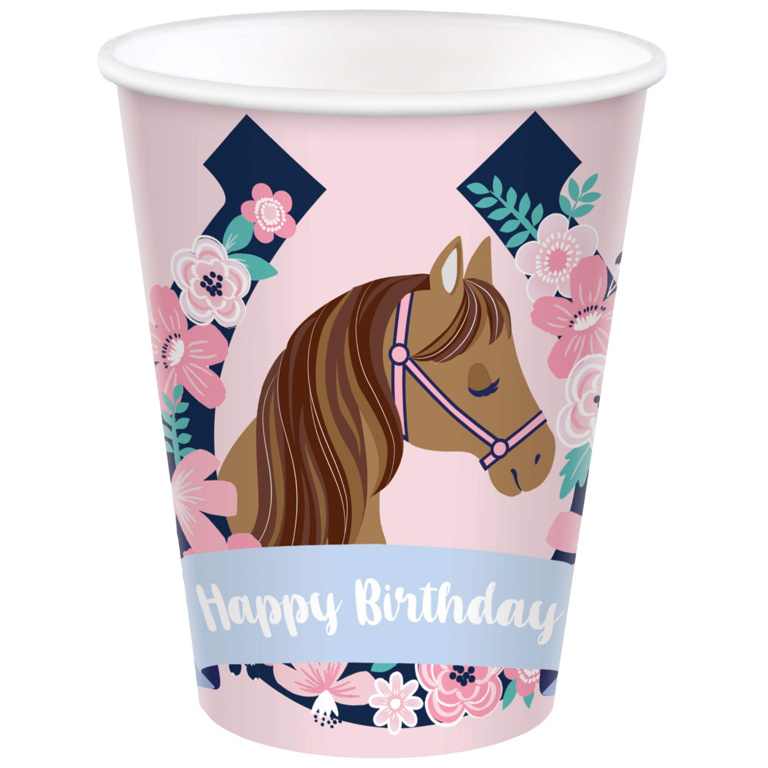 Saddle Up "Happy Birthday" Horse Paper Disposable Cups, Pink/Blue, 9-oz, 8-pk, for Birthday Party Front_Flat