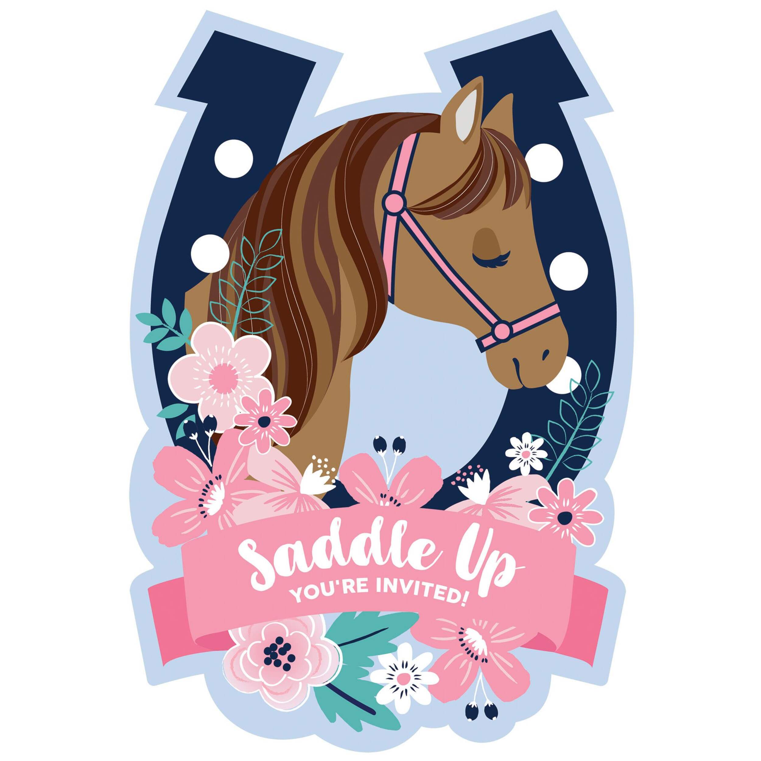 Saddle Up "You're Invited" Horse Paper Party Invitations with Envelopes, Pink/Blue, 8-pk, for Birthday Party Front_Flat