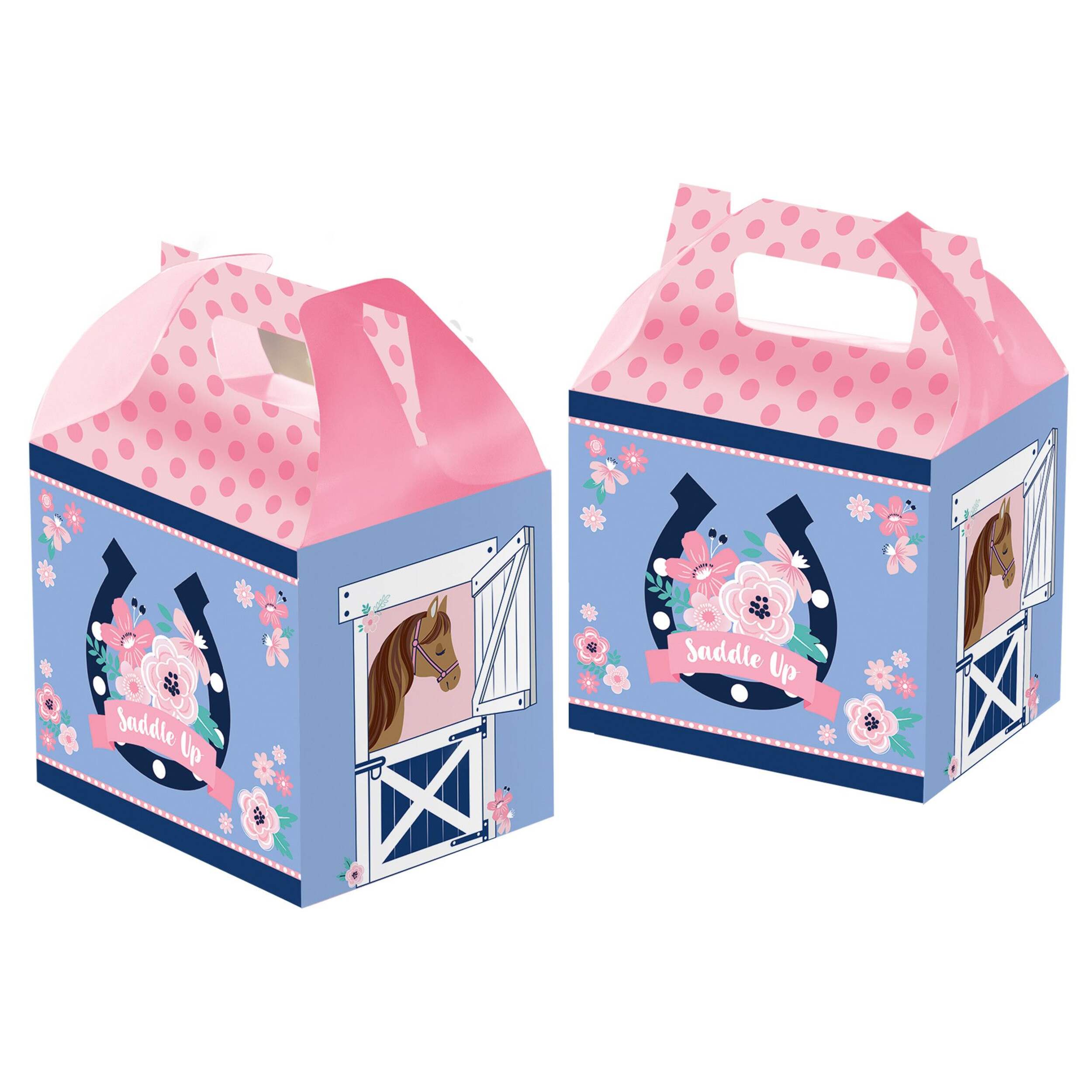 Saddle Up Square Treat Party Boxes, Pink/Blue, 11-in, 8-pk, for Birthday Party Front_Three_Fourths_Angled_Right