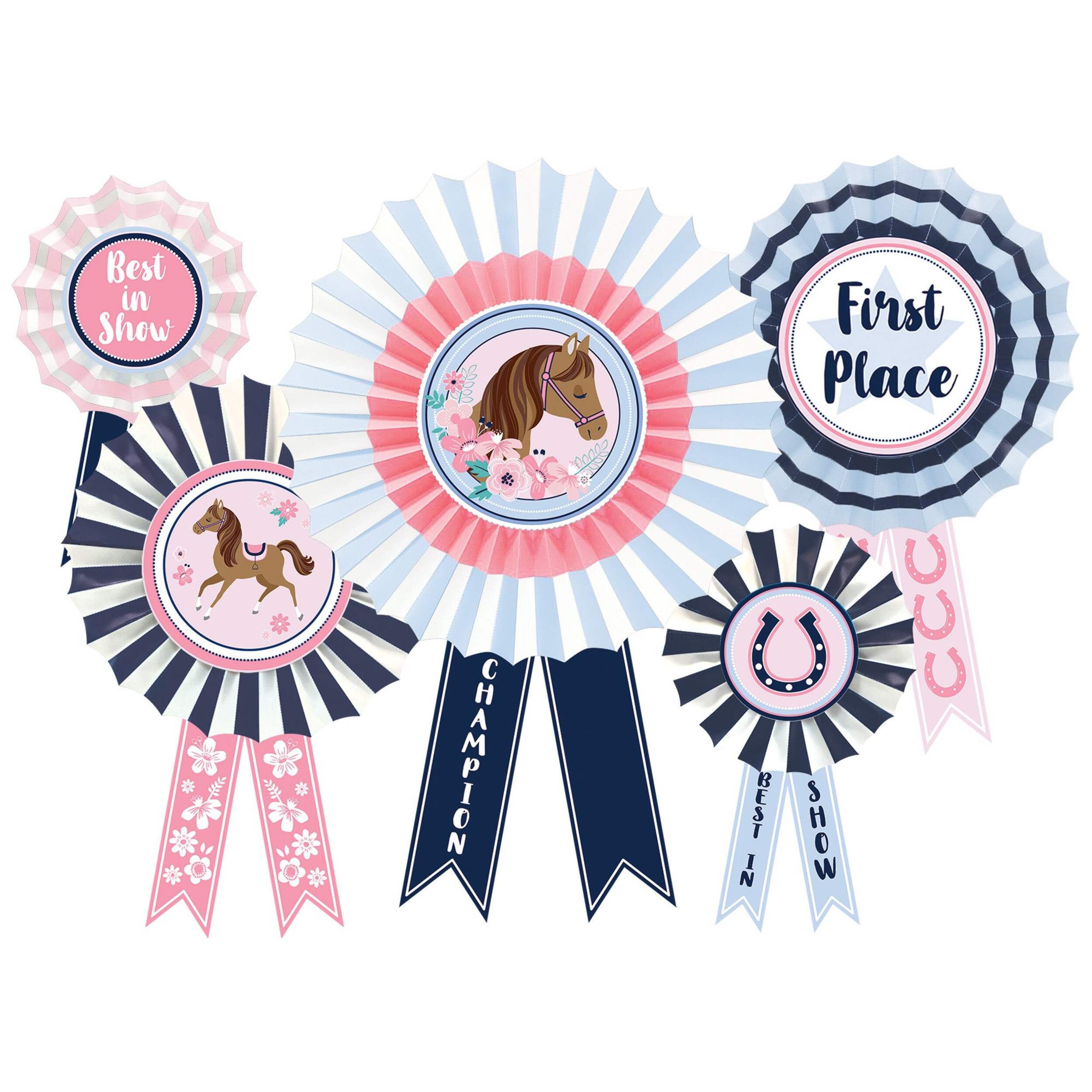 Saddle Up "First Place" Award Ribbon Fan Hanging Sign Decorations, Pink/Blue, 15-in, 5-pk, for Birthday Party Front_Flat