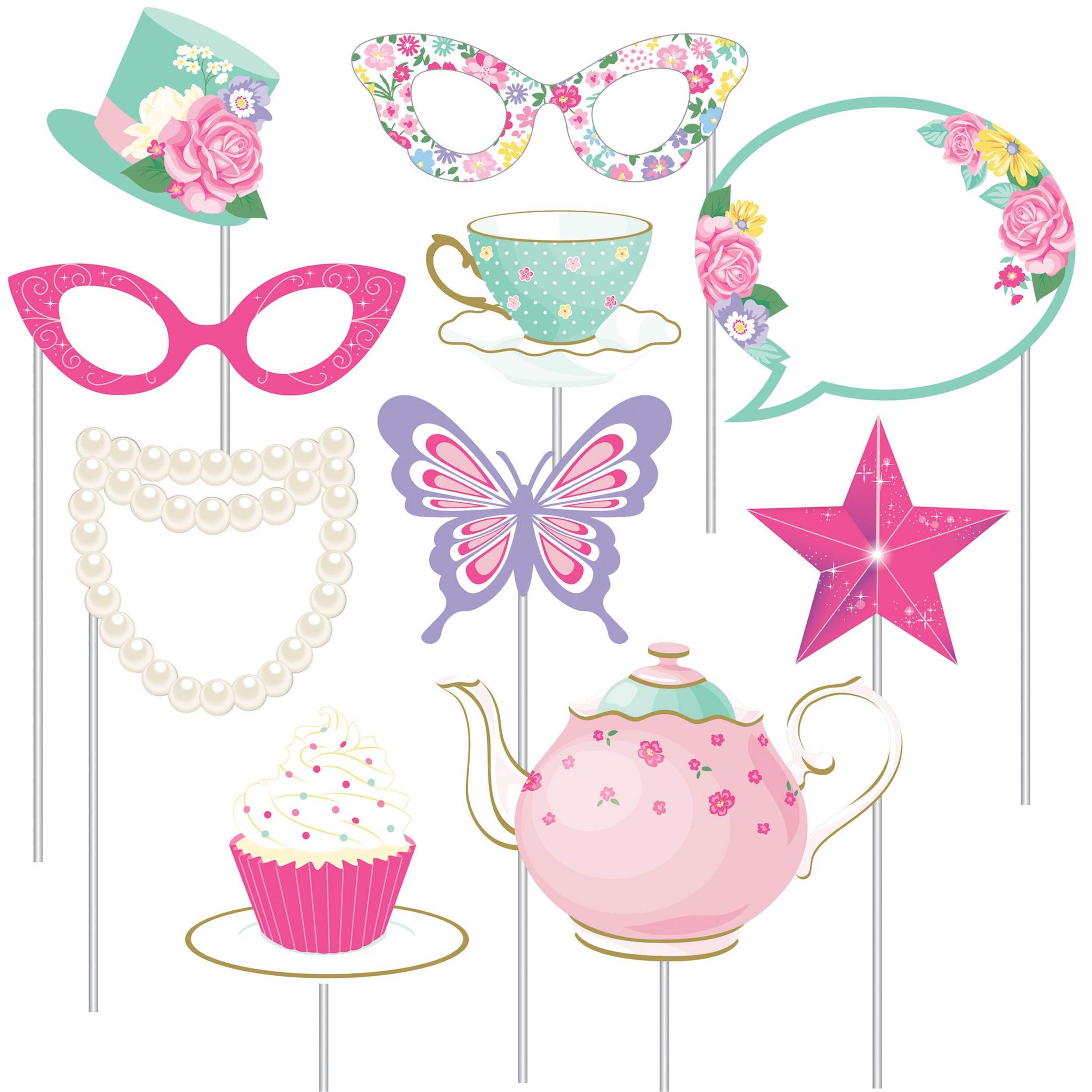 Floral Tea Party Photo Booth Sign Props, Pink/Green, 10-in, 10-pk, for Birthday Party Front_Flat