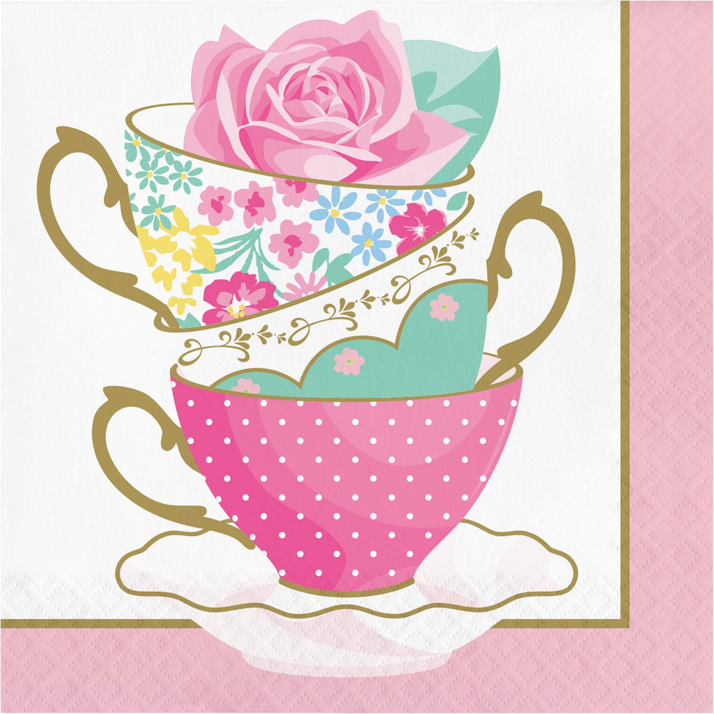Floral Tea Party Square Paper Disposable Beverage Napkins, Pink, 5-in, 16-pk, 2-ply, for Birthday Party Napkins Overhead_Flat