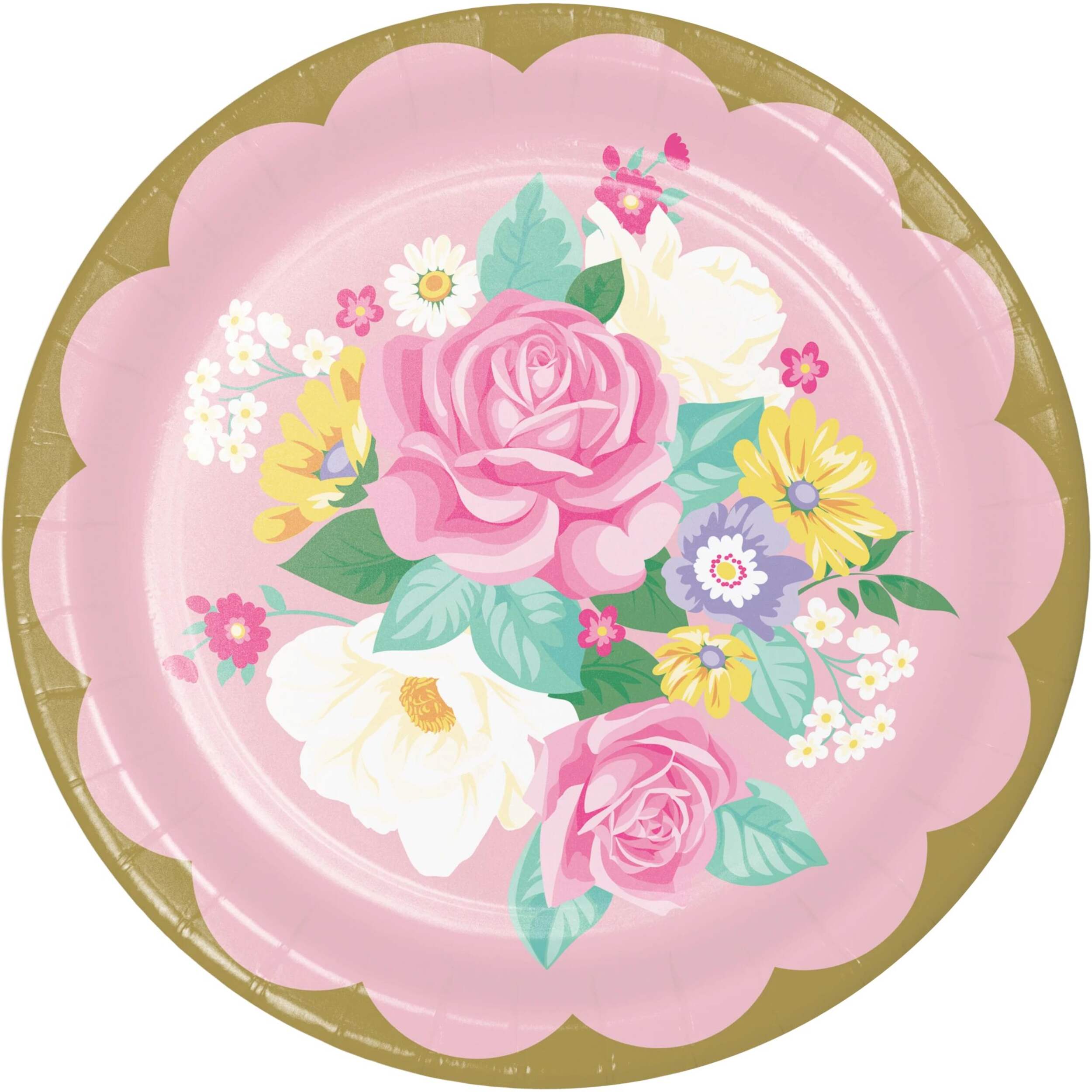 Floral Tea Party Round Paper Disposable Lunch Plates, Pink, Floral, 9-in, 8-pk, for Birthday Party Paper Plates Overhead_Flat