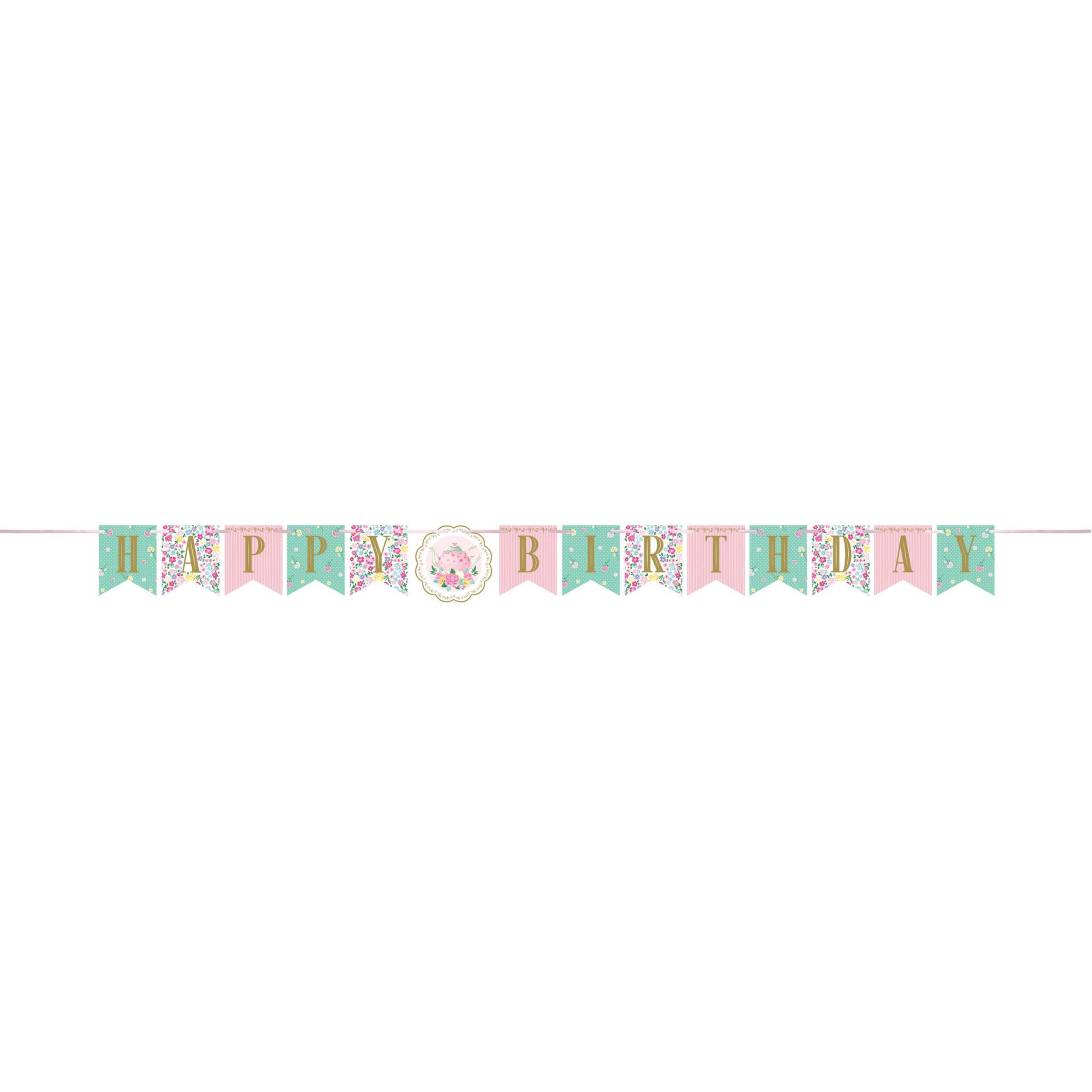 Floral Tea Party 'Happy Birthday' Hanging Garland Banner Decoration, Pink/Blue, 78-in, for Birthday Party Decoration Front_Flat