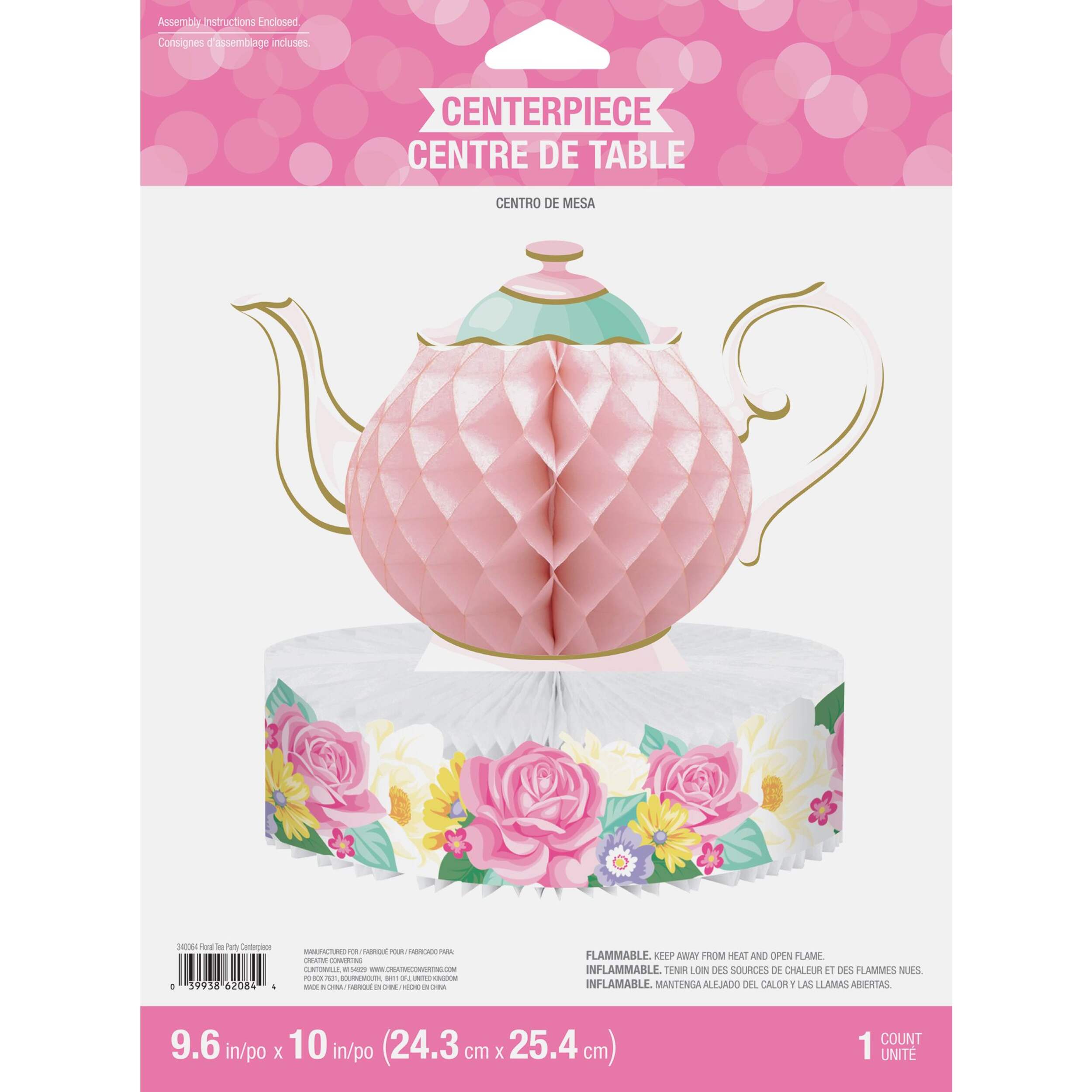 Floral Tea Party Tea Pot Sign Table Centrepiece Decoration, Pink, 10-in, for Birthday Party Table Decor Front_Flat