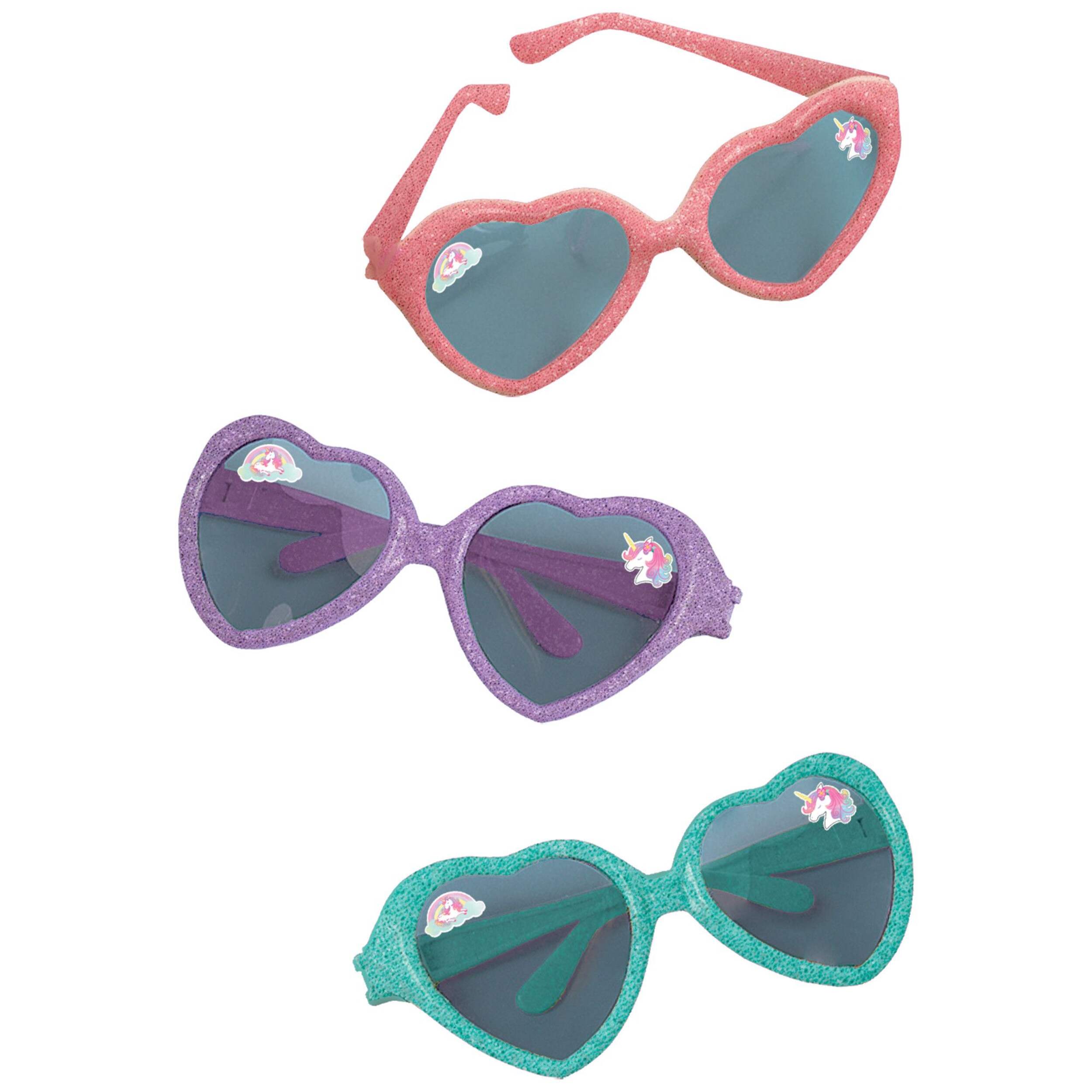 Unicorn Heart-Shaped Glitter Sunglasses, Pink/Purple/Teal, One Size, 8-pk, Wearable Accessories for Birthdays Composite_or_Mixed
