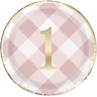 "1" Round Paper Disposable Lunch Plates,Pink, Gingham, 9-in, 8-pk, for Birthday Party Overhead_Flat