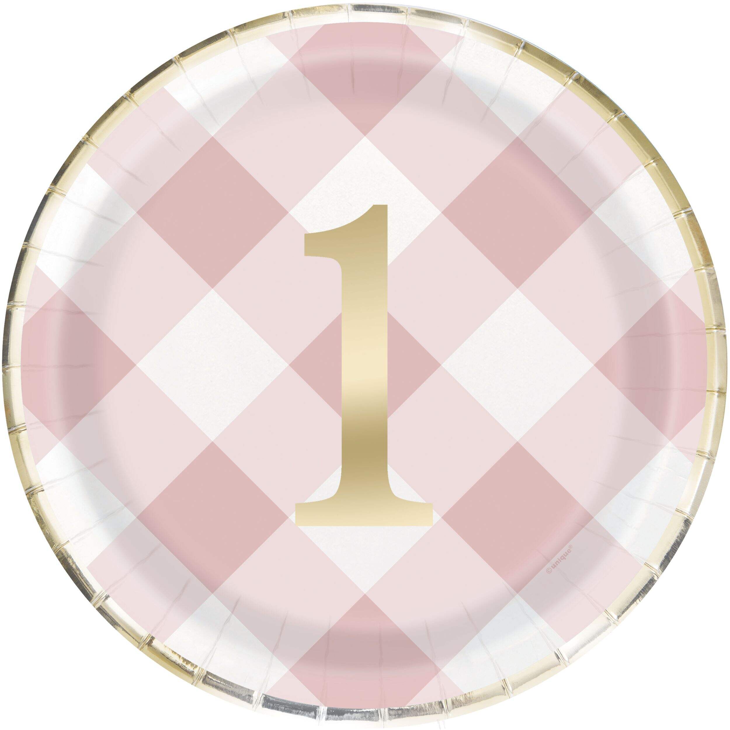 "1" Round Paper Disposable Lunch Plates,Pink, Gingham, 9-in, 8-pk, for Birthday Party Overhead_Flat