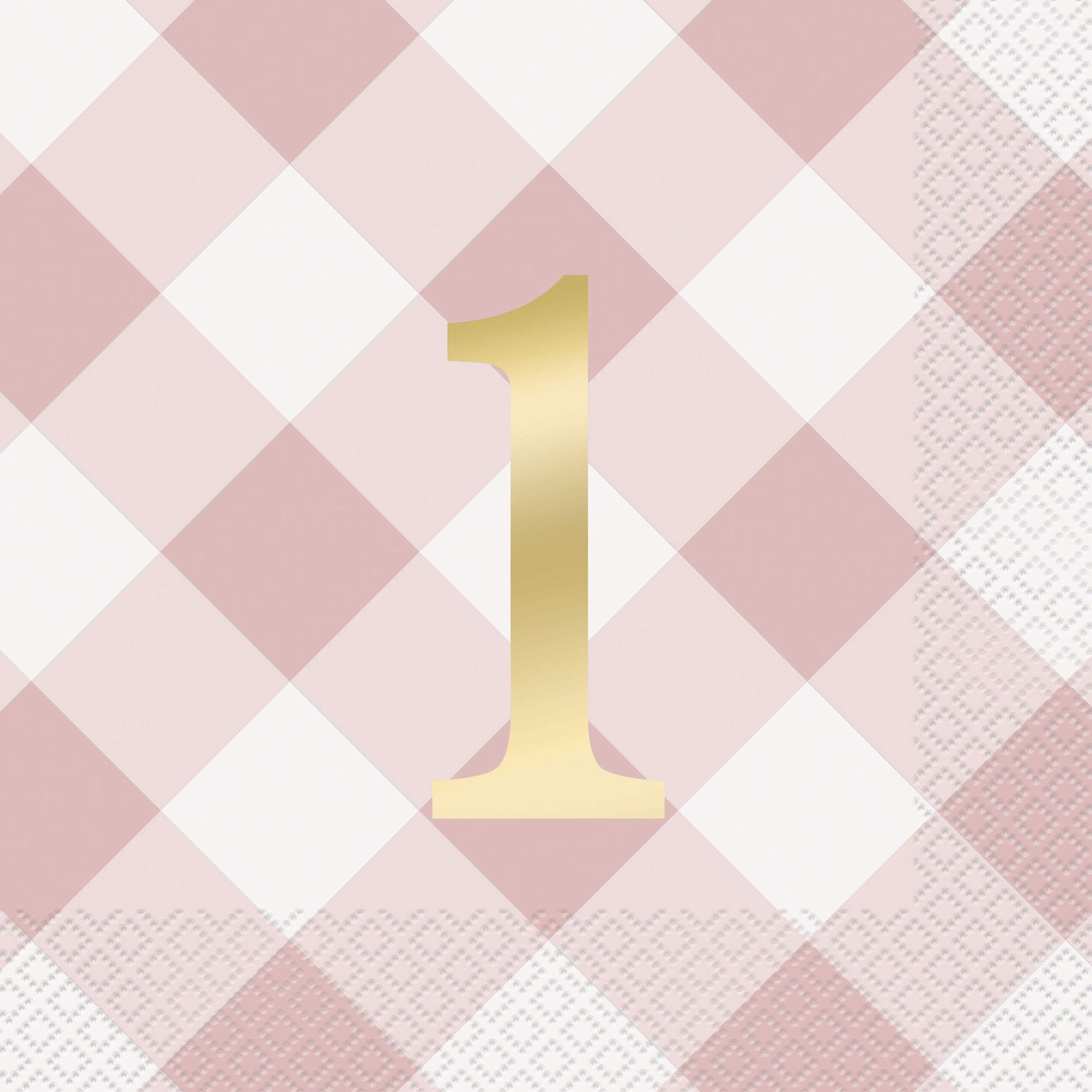 "1" Square Paper Disposable Lunch Napkins, Pink/White, Gingham, 6.5-in,16-pk, 2-ply, for Birthday Party Front_Flat