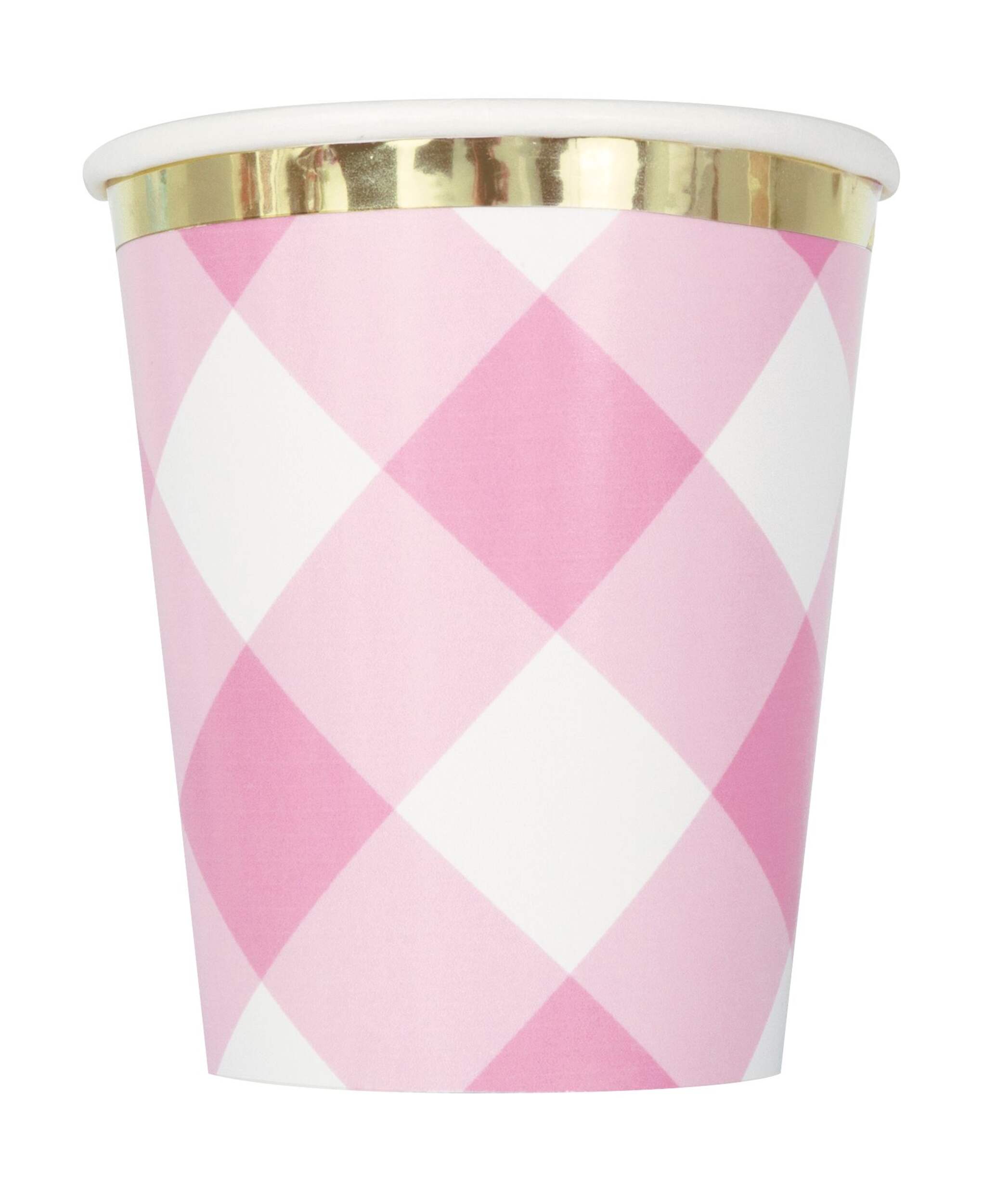 Paper Disposable Cups, Pink, Gingham, 9-oz, 8-pk, for Birthday Party Front_Flat