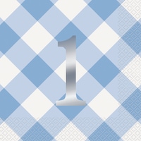 "1" Square Paper Disposable Lunch Napkins, Blue/White, Gingham, 6.5-in,16-pk, 2-ply, for Birthday Party Front_Flat