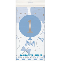 Nappe en plastique guingan 1er anniversaire, bleu, 84 x 54 po Front_Flat