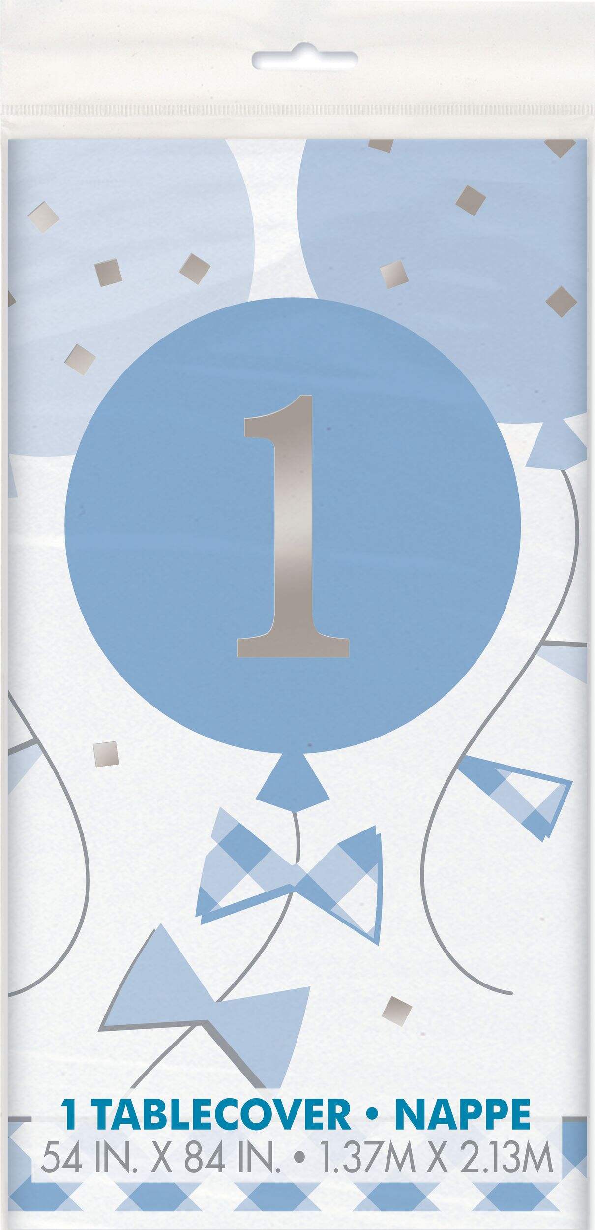 "1" Rectangle Plastic Reusable Table Cover, Blue/White, Gingham, 54x84-in, for Birthday Party Front_Flat