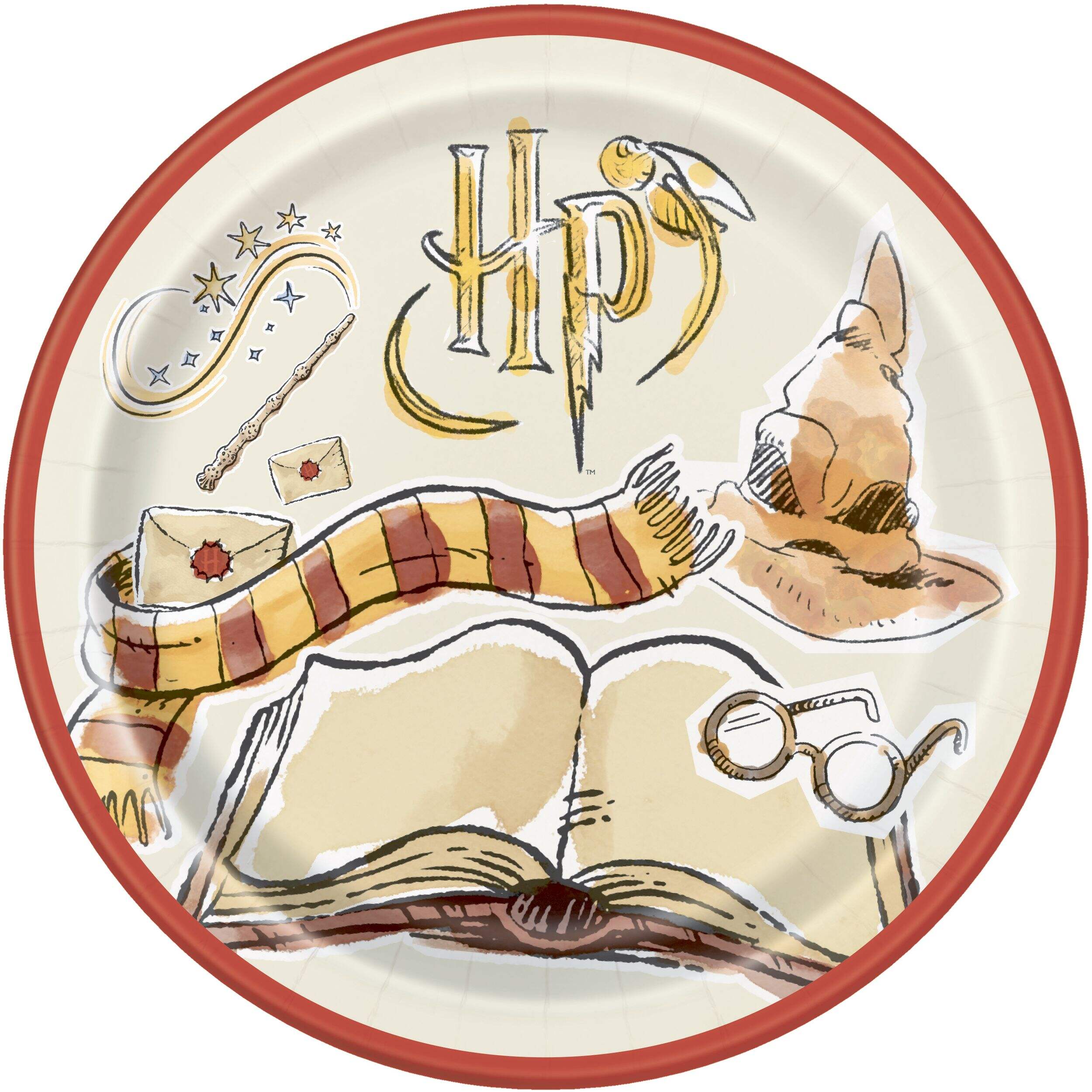 Harry Potter "HP" Round Paper Disposable Lunch Plates,Red/Beige, 9-in, 8-pk, for Birthday Party Overhead_Flat