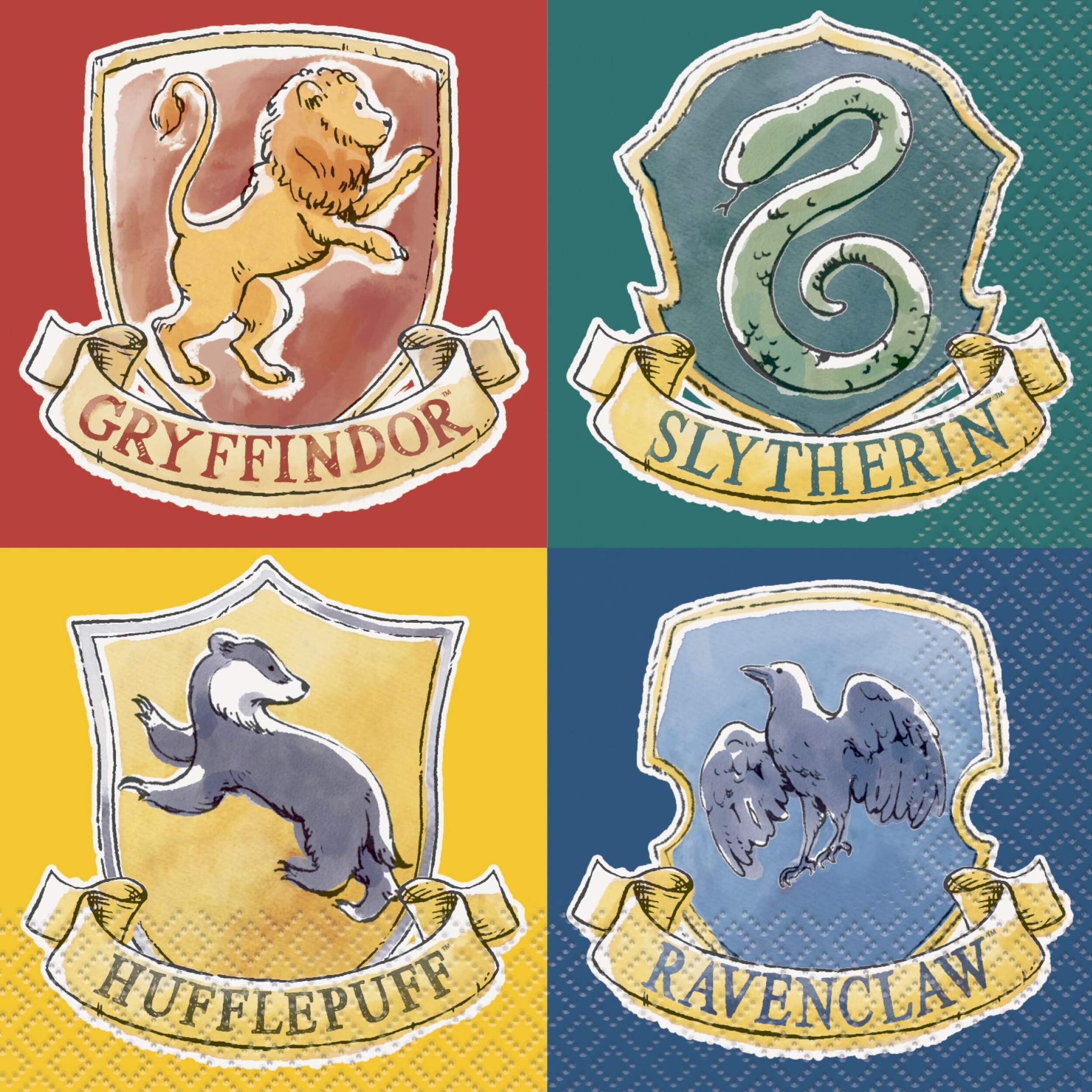 Harry Potter Square Paper Disposable Lunch Napkins, Red/Green/Yellow/Blue, 6.5-in, 16-pk, 2-ply, for Birthday Party Front_Flat