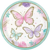 Flutter Round Paper Disposable Lunch Plates,Pink/Blue, Butterfly, 9-in, 8-pk, for Birthday Party Overhead_Flat