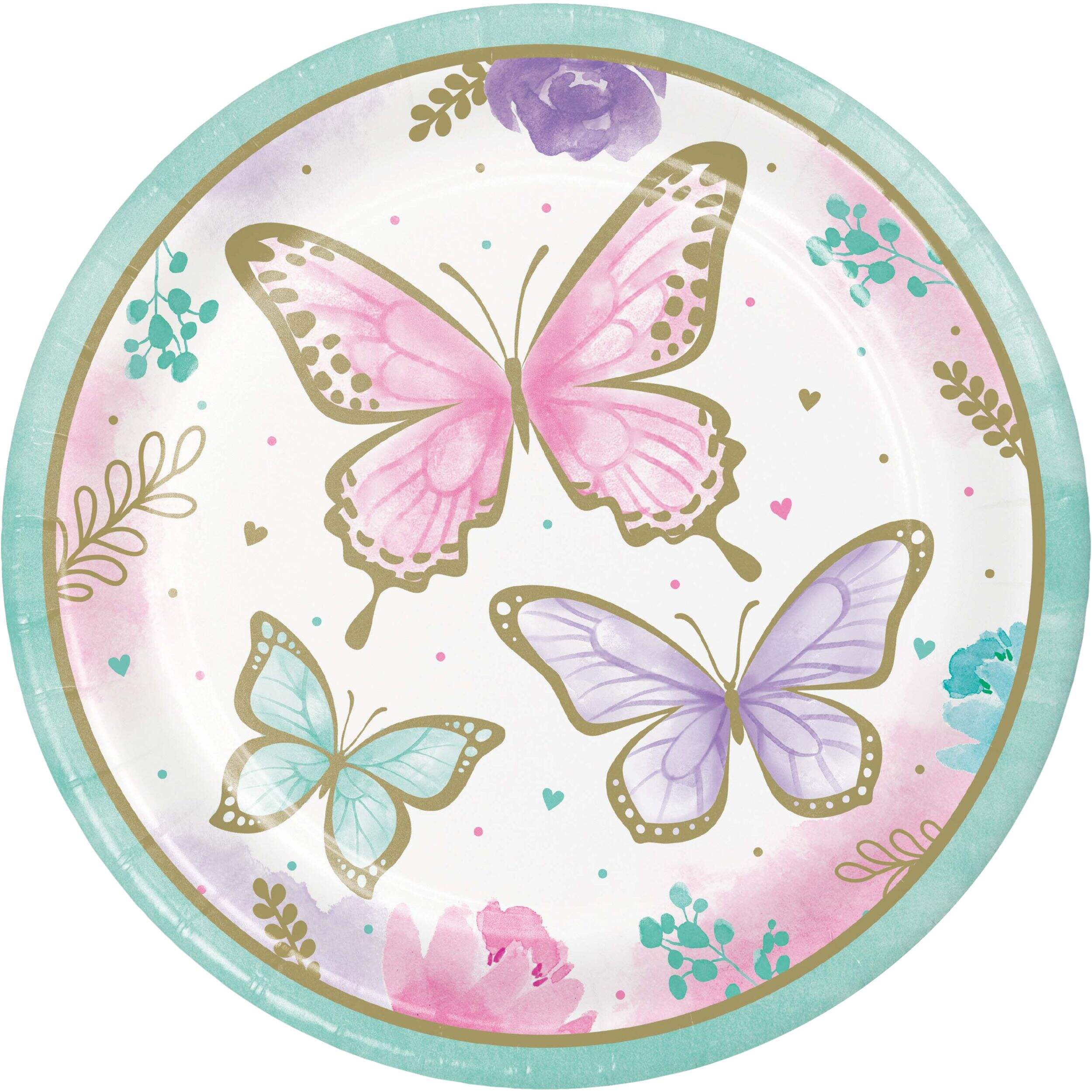 Assiettes en papier Papillon scintillant pour fête d’anniversaire, 9 po, paq. 8 Overhead_Flat
