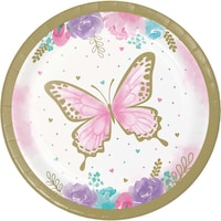 Flutter Butterfly Round Paper Disposable Dessert Plates, Gold/Pink, Floral, 7-in, 8-pk, for Birthday Party