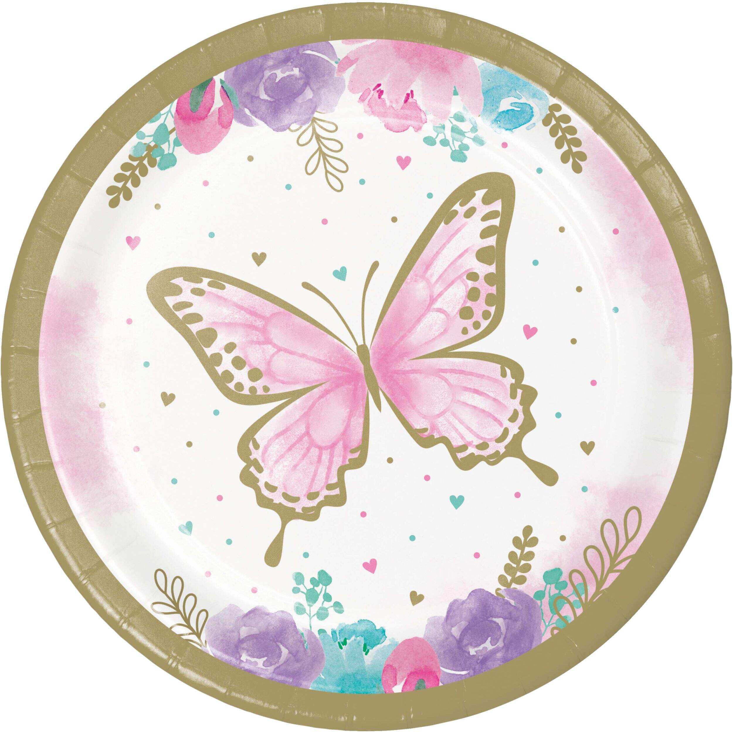 Flutter Butterfly Round Paper Disposable Dessert Plates, Gold/Pink, Floral, 7-in, 8-pk, for Birthday Party Overhead_Flat