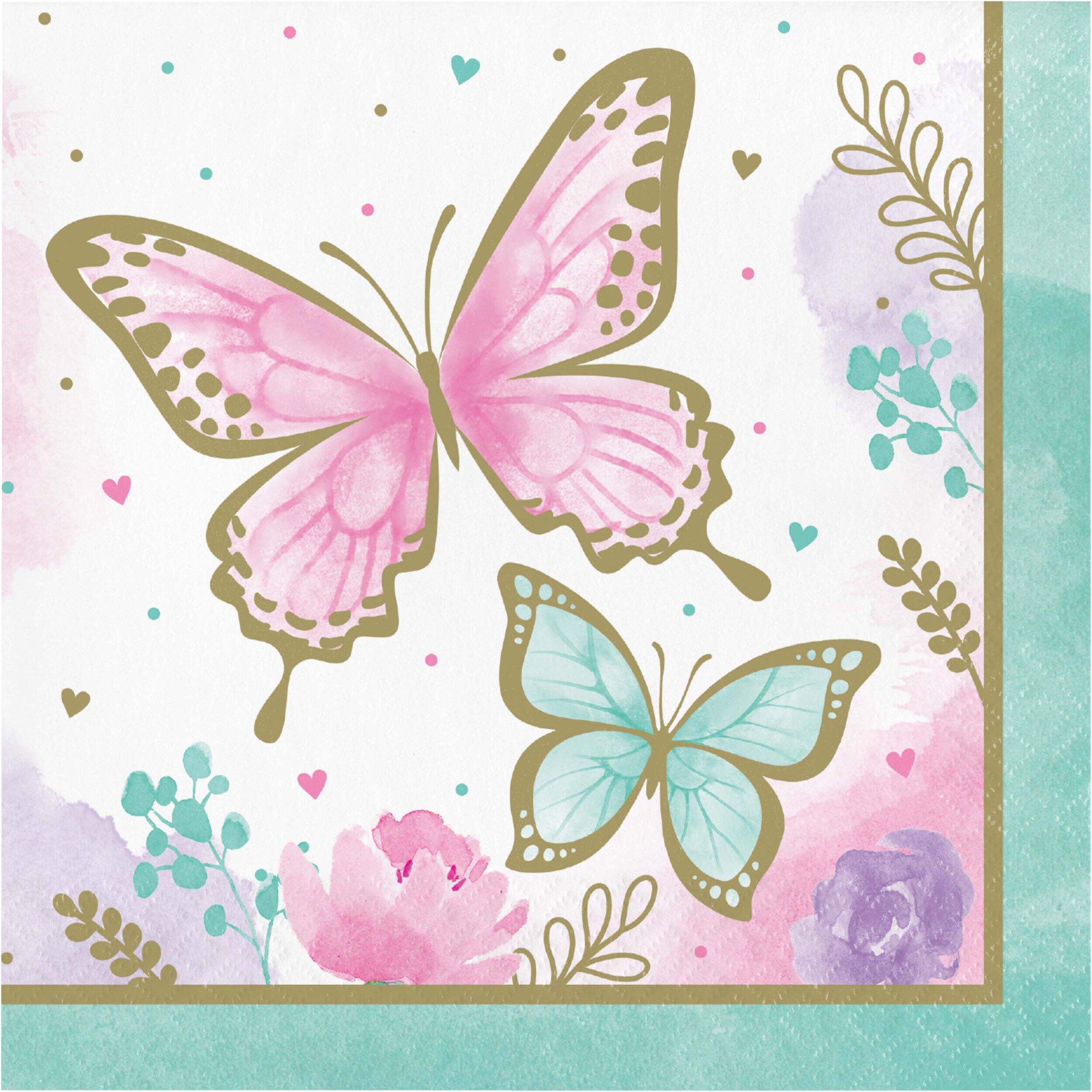 Flutter Butterfly Square Paper Disposable Lunch Napkins, Pink/Blue, 6.5-in, 16-pk, 2-ply, for Birthday Party Front_Flat