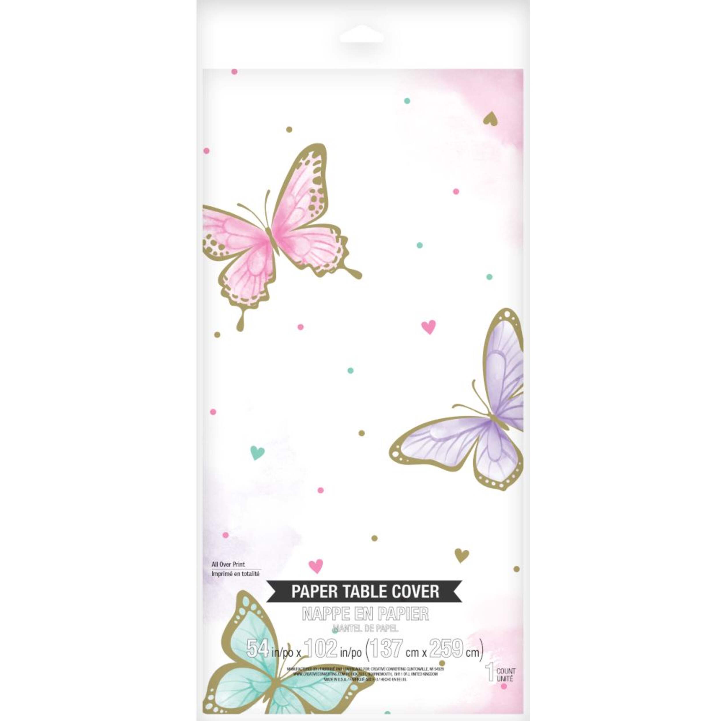 Flutter Butterfly Rectangle Paper Disposable Table Cover, White/Pink, 54x102-in, for Birthday Party Front_Flat