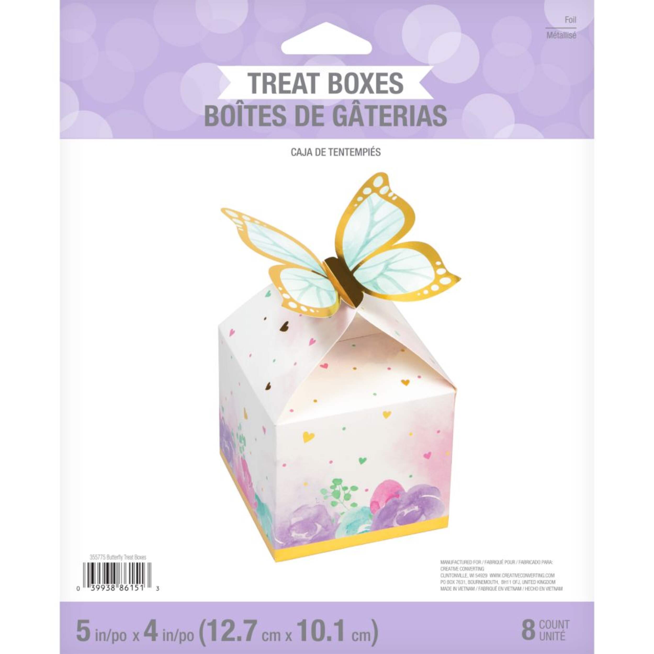 Flutter Butterfly Square Treat Party Boxes, Gold/Pink/Purple, 5-in, 8 ...
