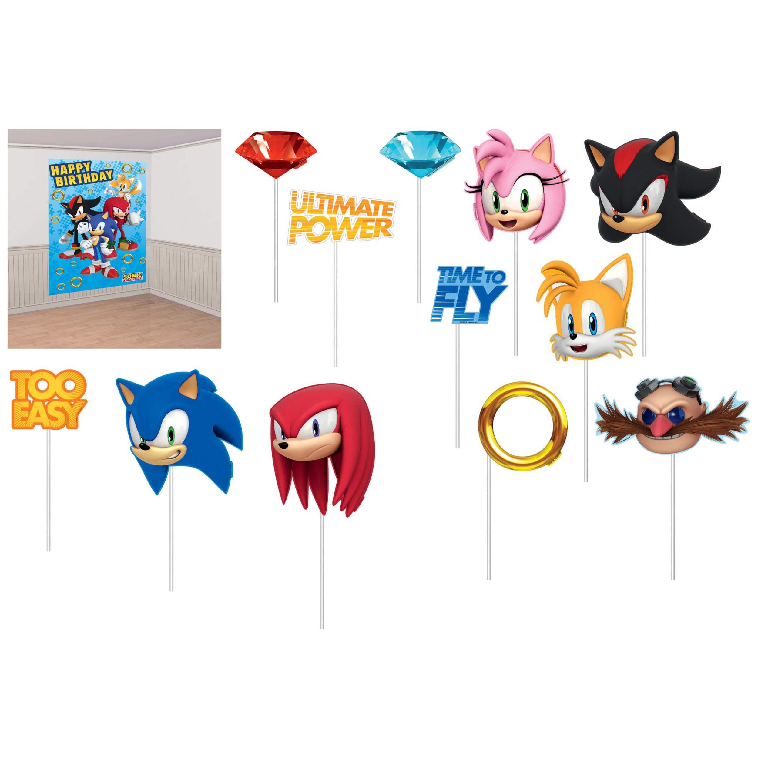 Sonic the Hedgehog "Ultimate Power" Plastic Scene Setter Background Decoration with Photo Booth Props, Blue, 14.5-in, 12-pk, for Birthday Party Composite_or_Mixed