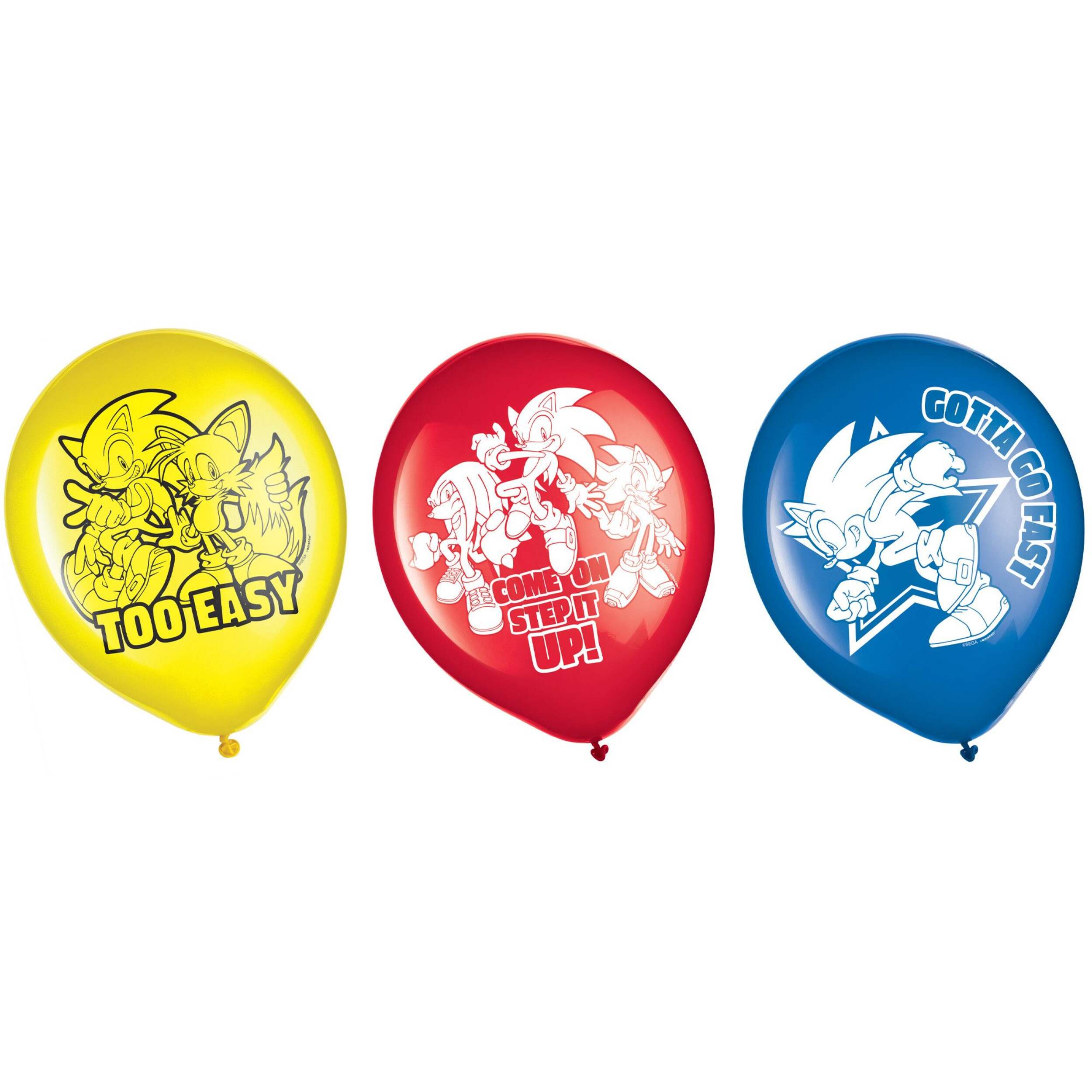 Sonic the Hedgehog "Gotta Go Fast" Round Latex Balloons, Yellow/Red/Blue, 12-in, 6-pk, for Birthday Party Front_Flat