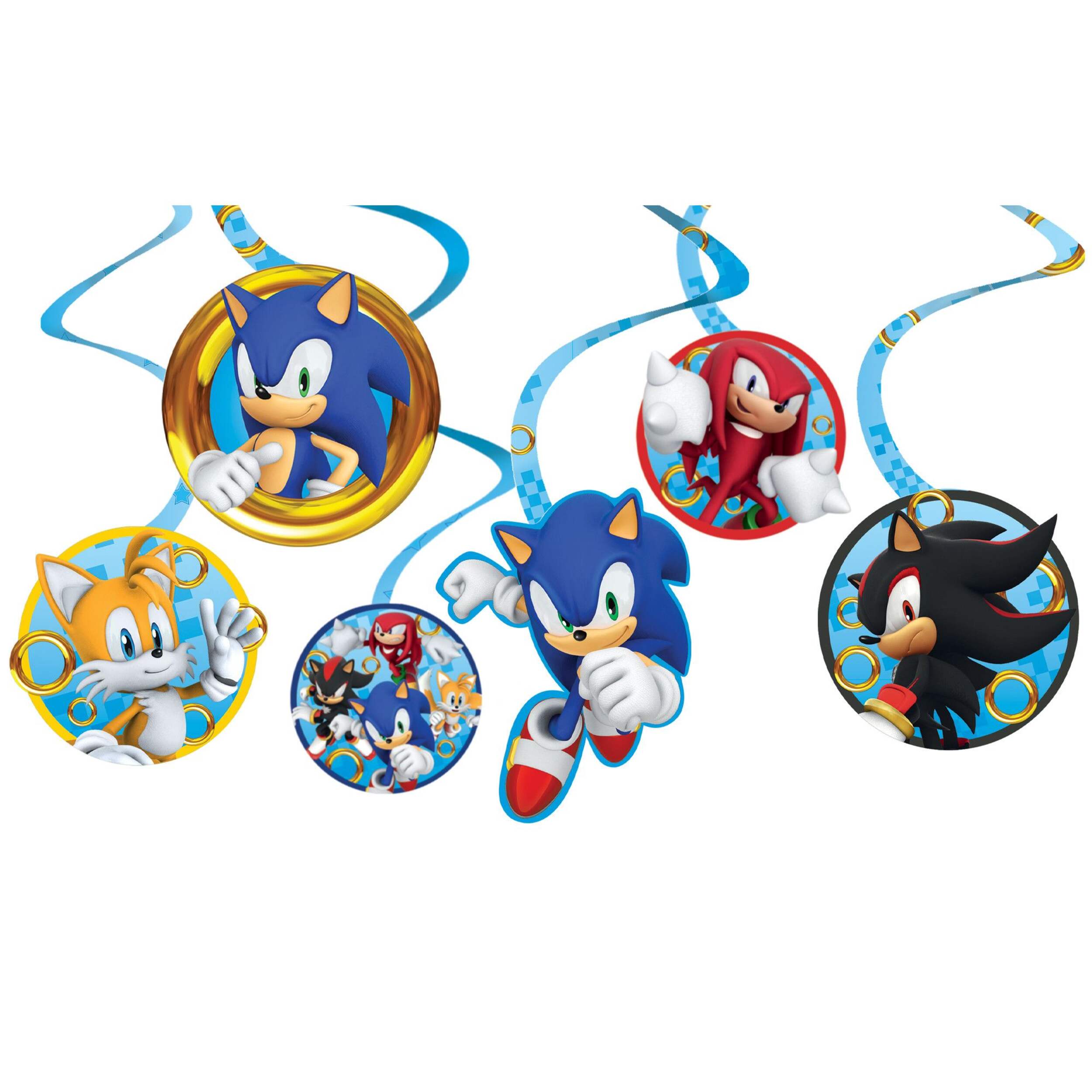 Sonic the Hedgehog Swirl Hanging Decorations, Blue/Yellow, 10-in, 12-pk, for Birthday Party Front_Flat