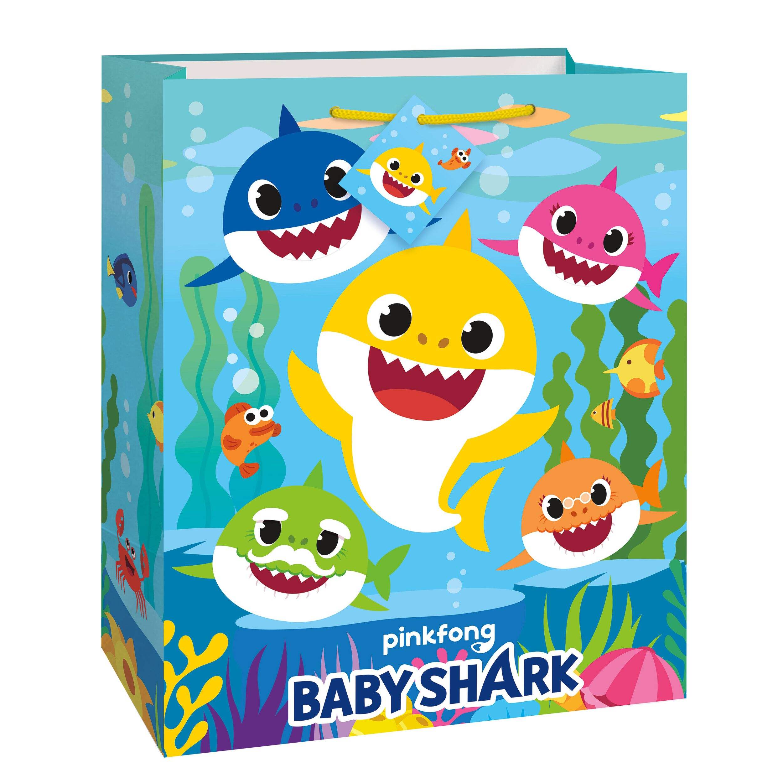 Baby Shark Paper Gift Bag, Blue/Yellow/Pink, 13-in, for Birthday Party Front_Angled_Right
