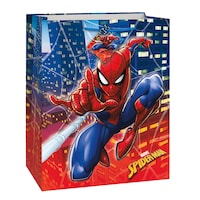 Disney Marvel Spider-Man Paper Gift Bag, Red/Blue, 13-in, for Birthday Party Front_Angled_Right
