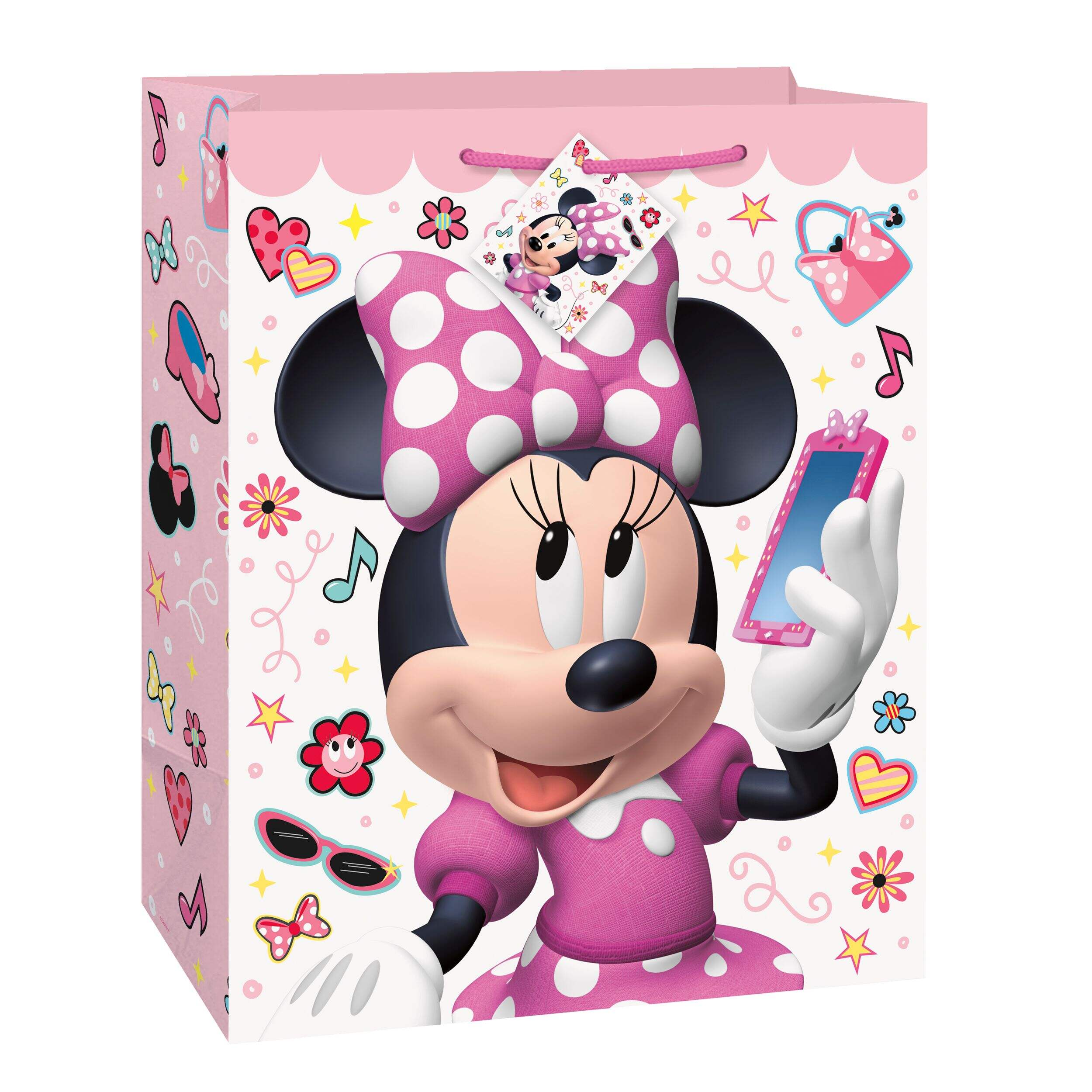 Disney Minnie Mouse Paper Gift Bag, Pink/Black, 13-in, for Birthday Party Front_Angled_Right