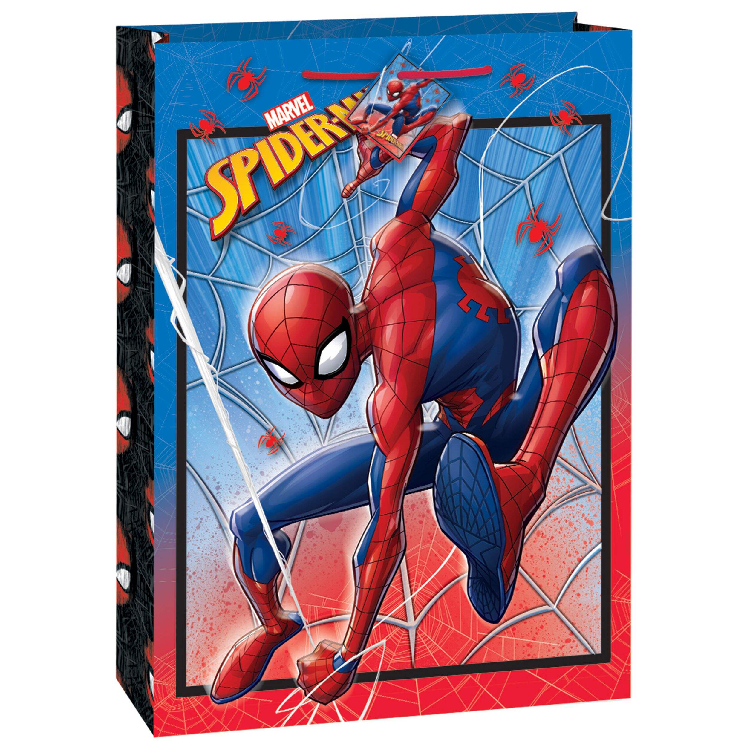 Disney Marvel Spider-Man Paper Gift Bag, Red/Blue, 18-in, for Birthday Party Front_Angled_Right