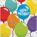 Balloon Birthday "Happy Birthday" Square Paper Disposable Lunch Napkins, Multi-Coloured, 6.5-in, 125-pk, 2-ply, for Birthday Party Overhead_Flat