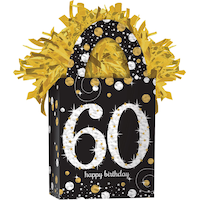 Sparkling Celebration "Happy Birthday 60" Gift Bag Shaped Balloon Weight Accessory, Black/Gold, 5.5-in, for Milestone Birthday Front_Angled_Right