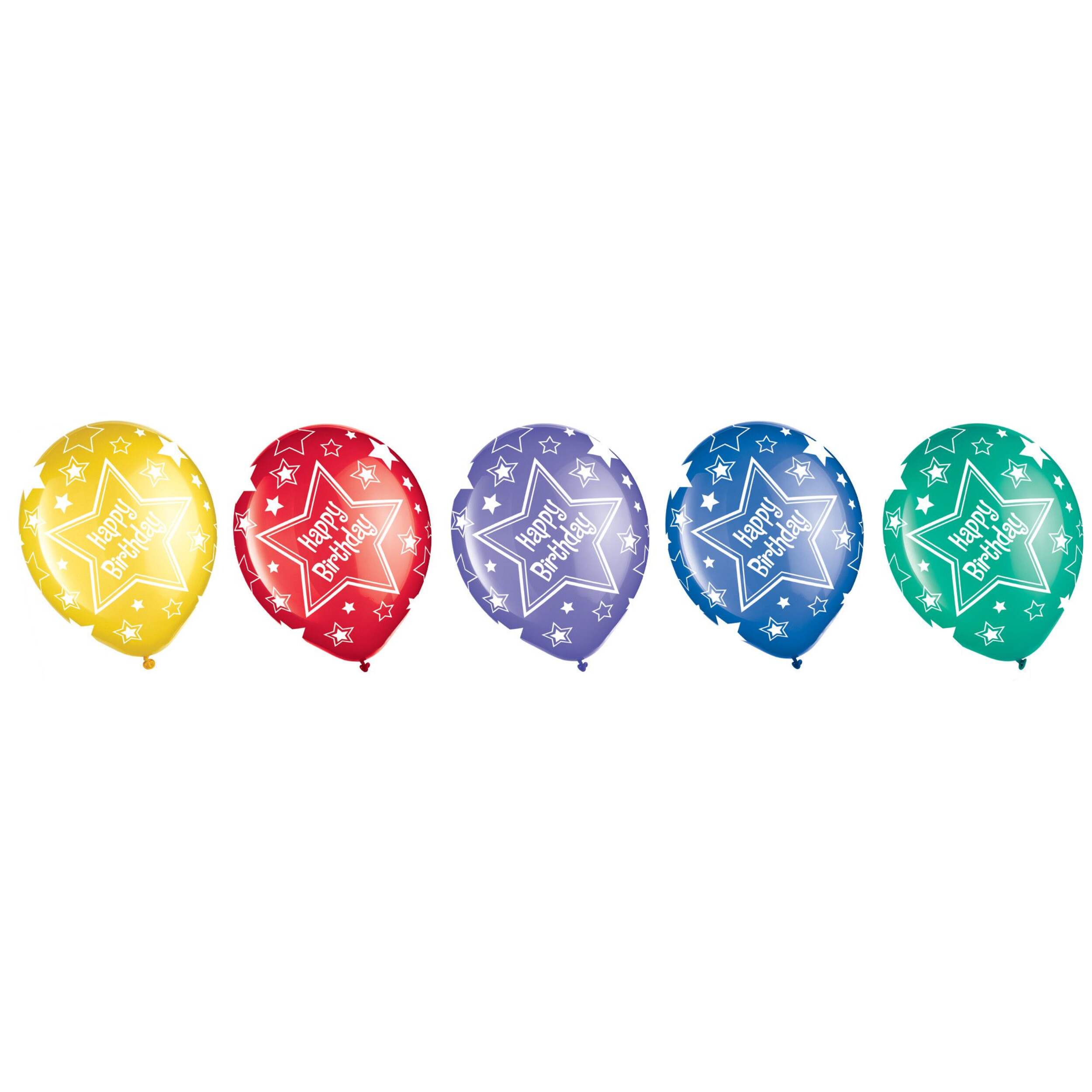 "Happy Birthday" Round Latex Balloons, Yellow/Red/Purple/Blue/Green, Star, 12-in, 20-pk, for Birthday Party Front_Flat