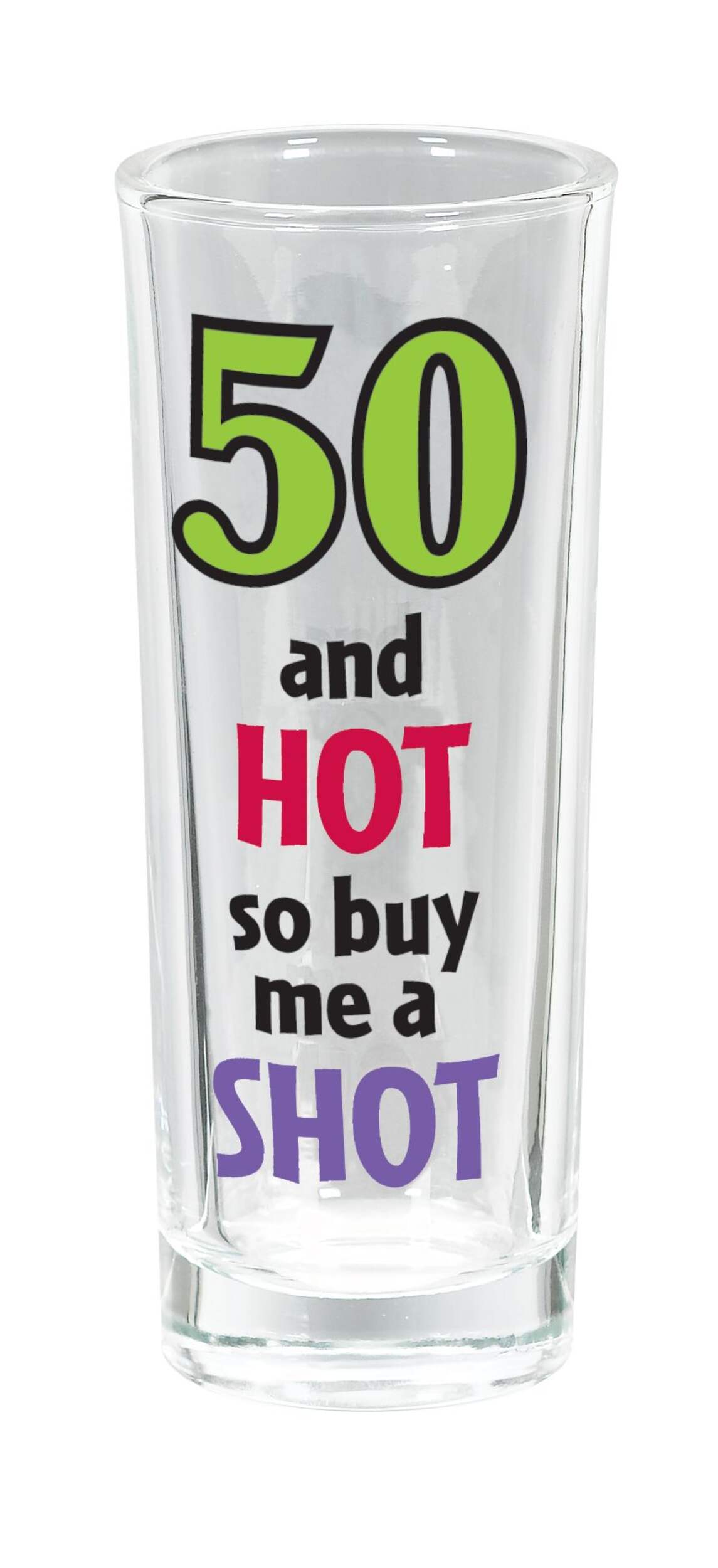 50th Birthday Tall Shot Glass Front_Elevated