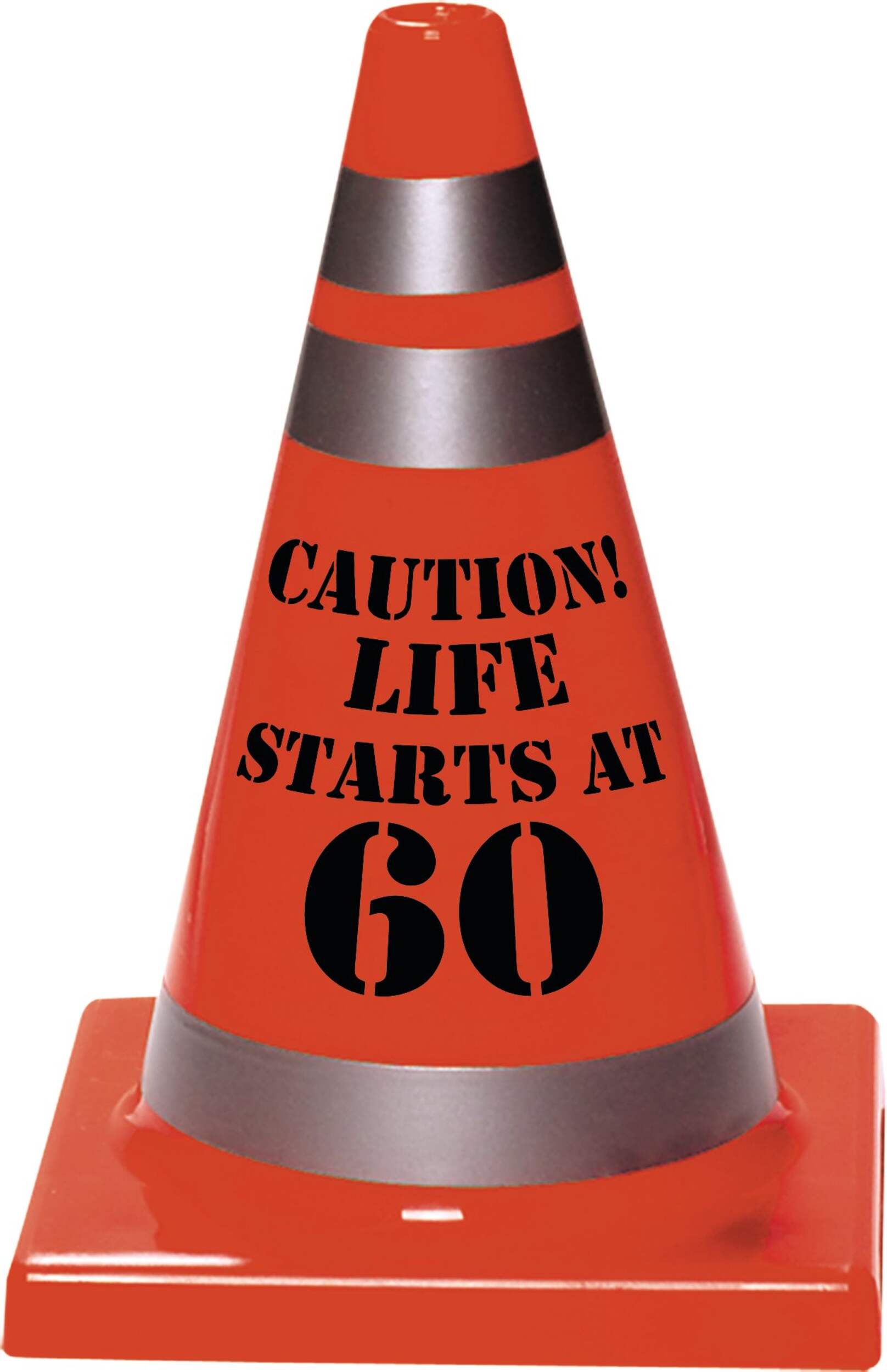 Milestone 60th Birthday Safety Cone features "Caution. Life Starts at 60", Orange Front_Flat